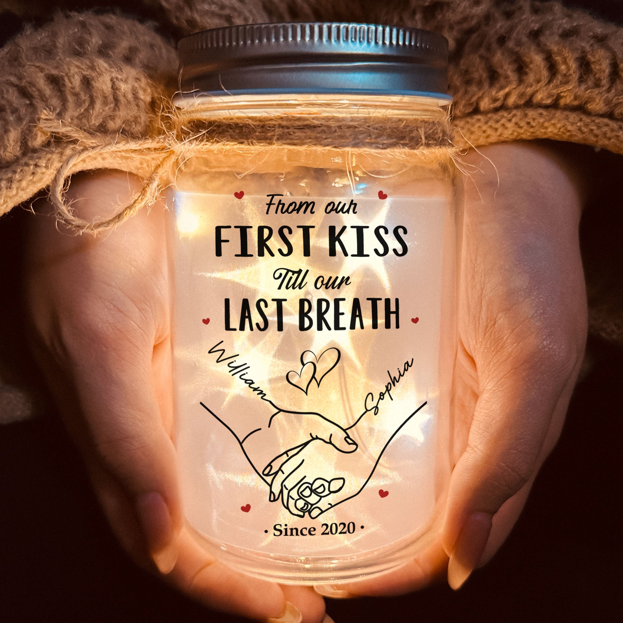 Couple Light From Our First Kiss Till Our Last Breath - Personalized Mason Jar Light