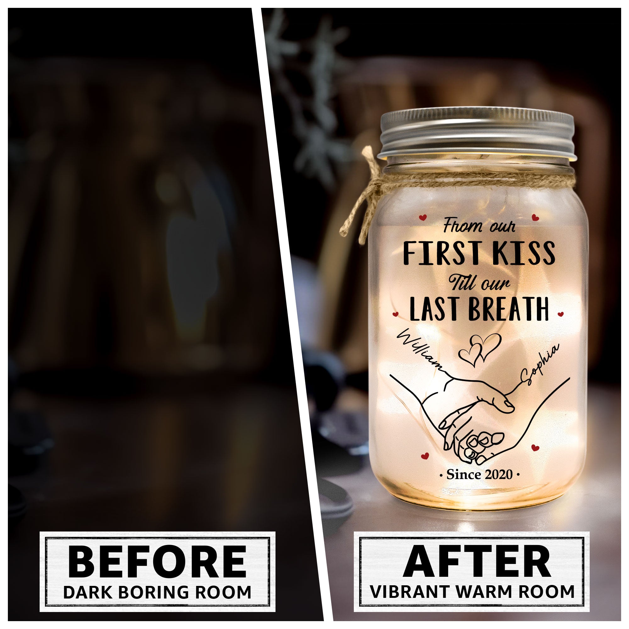 Couple Light From Our First Kiss Till Our Last Breath - Personalized Mason Jar Light