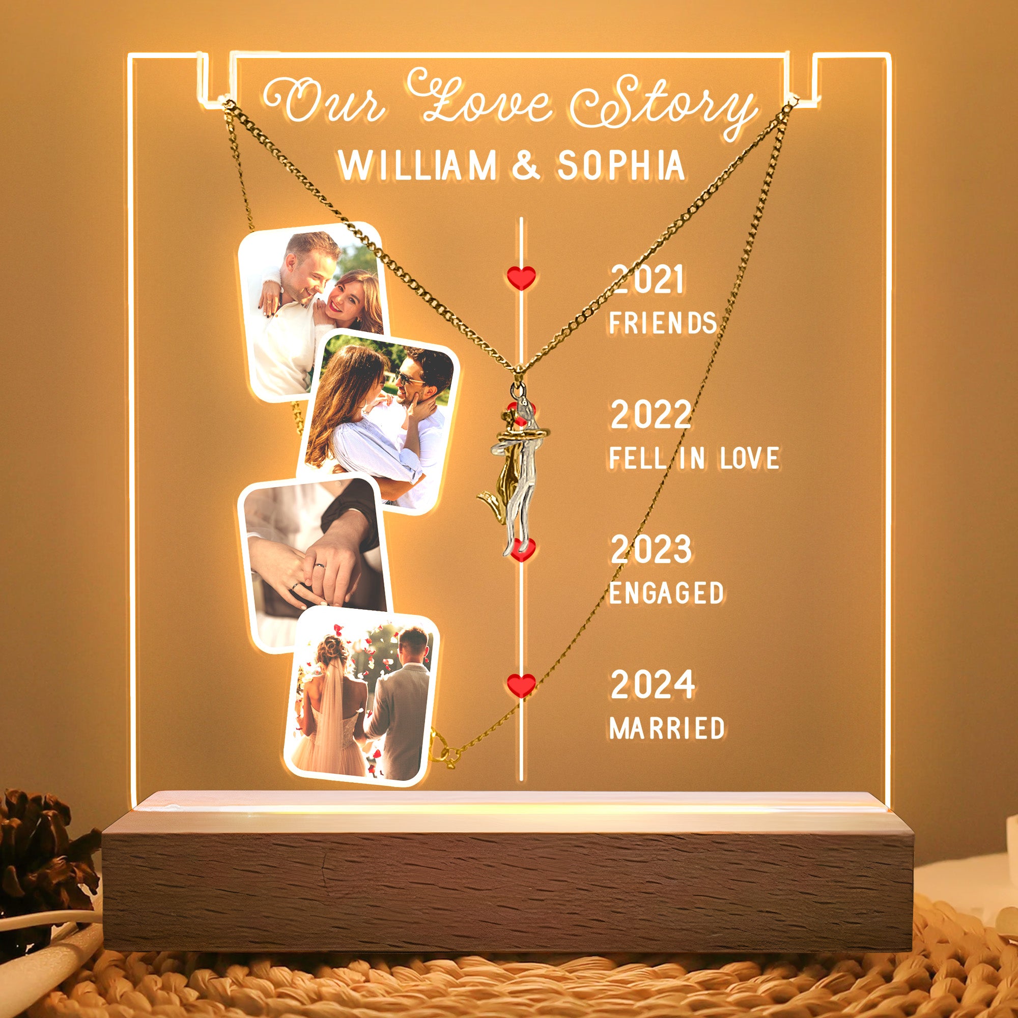 Couple Love Story - Personalized Photo LED Light Acrylic Plaque with Couple Necklace