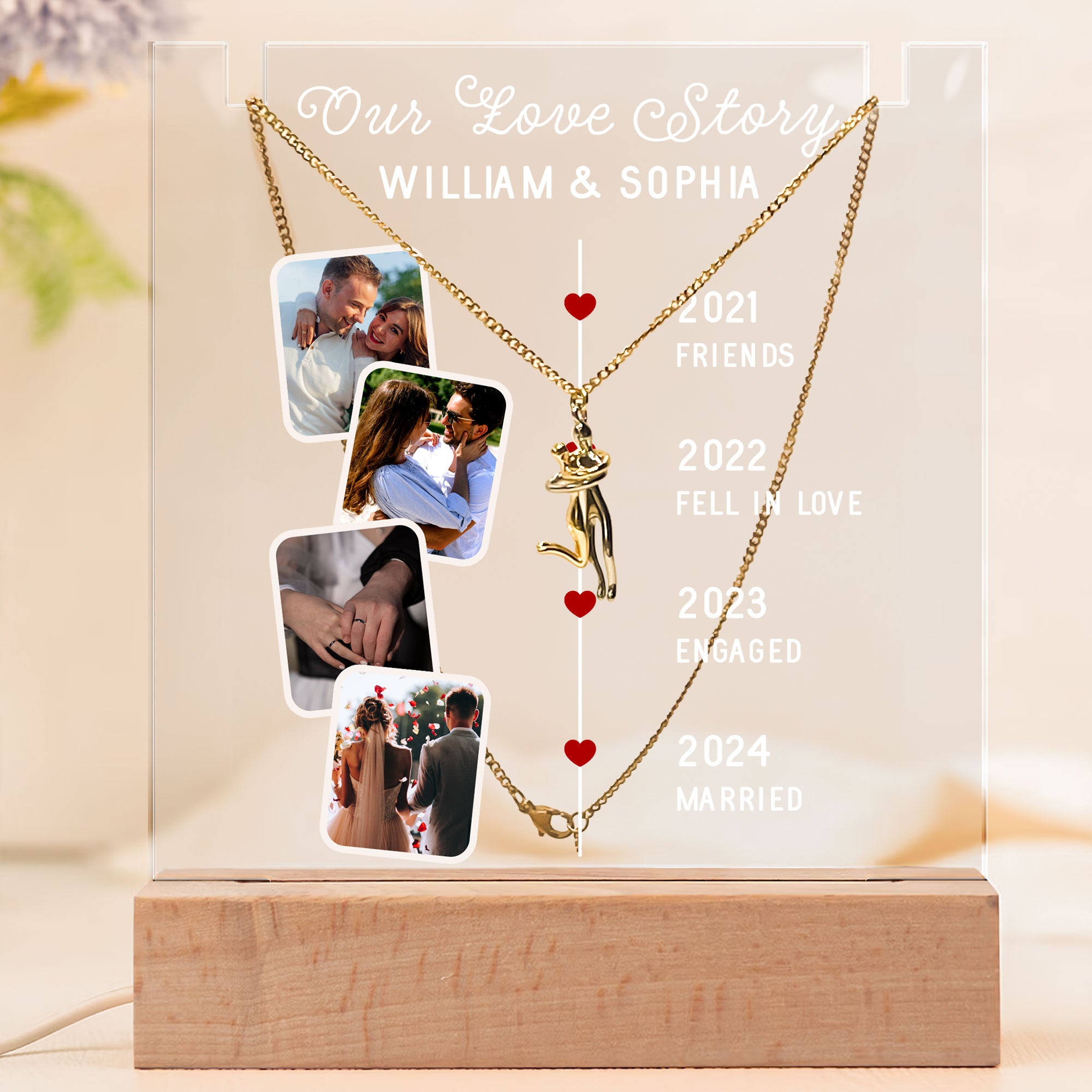 Couple Love Story - Personalized Photo LED Light Acrylic Plaque with Couple Necklace