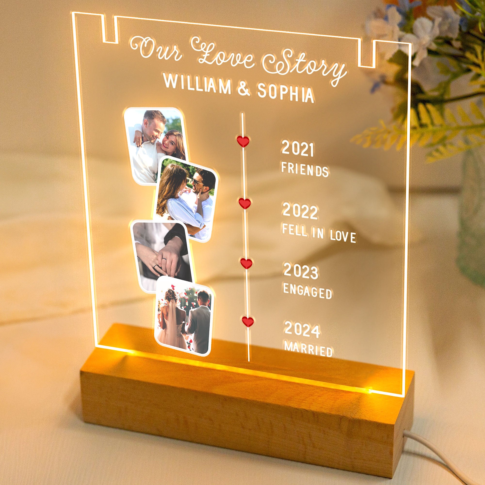 Couple Love Story - Personalized Photo LED Light Acrylic Plaque with Couple Necklace