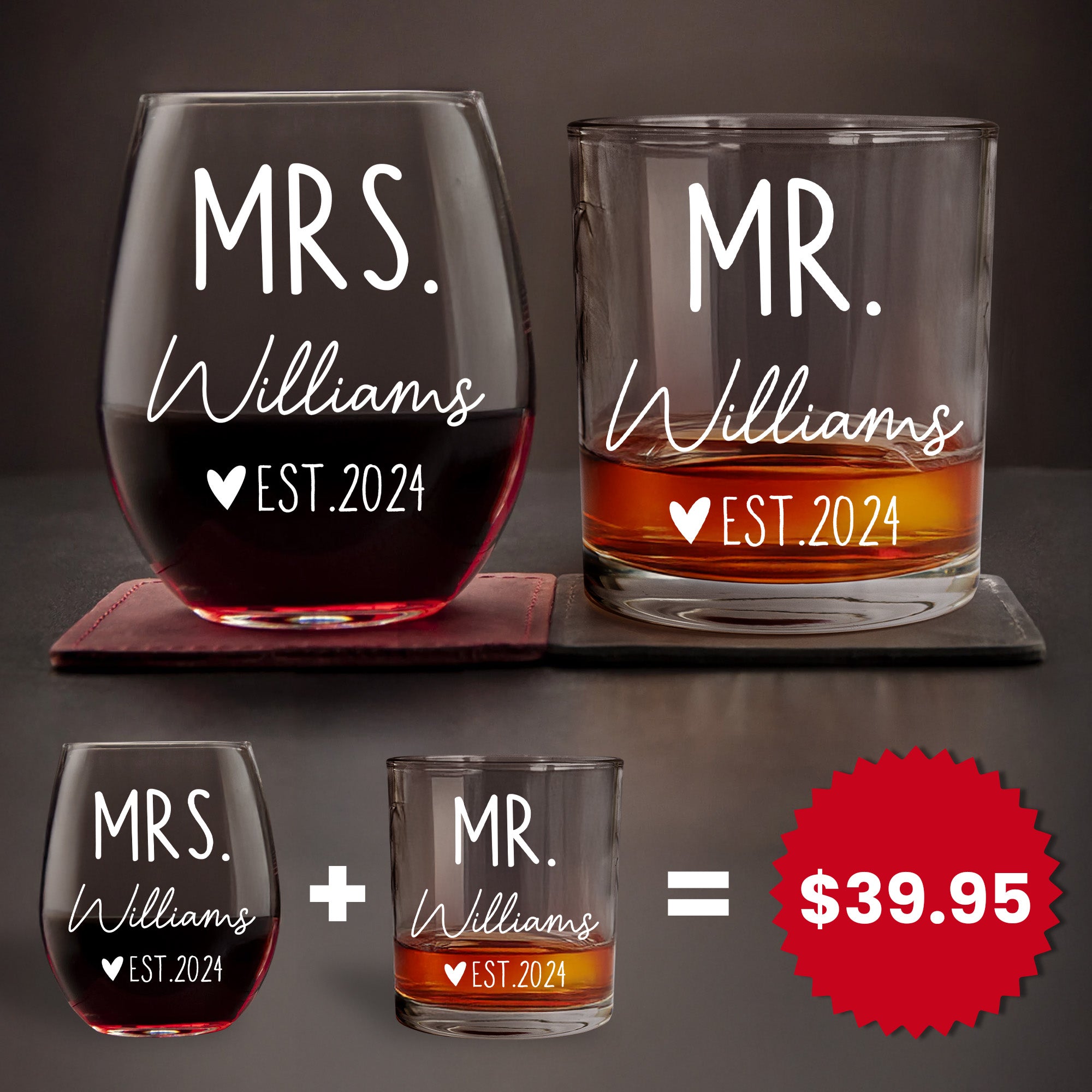 Couple Matching Drinking Mr & Mrs - Personalized Whiskey Glass And Wine Glass Set