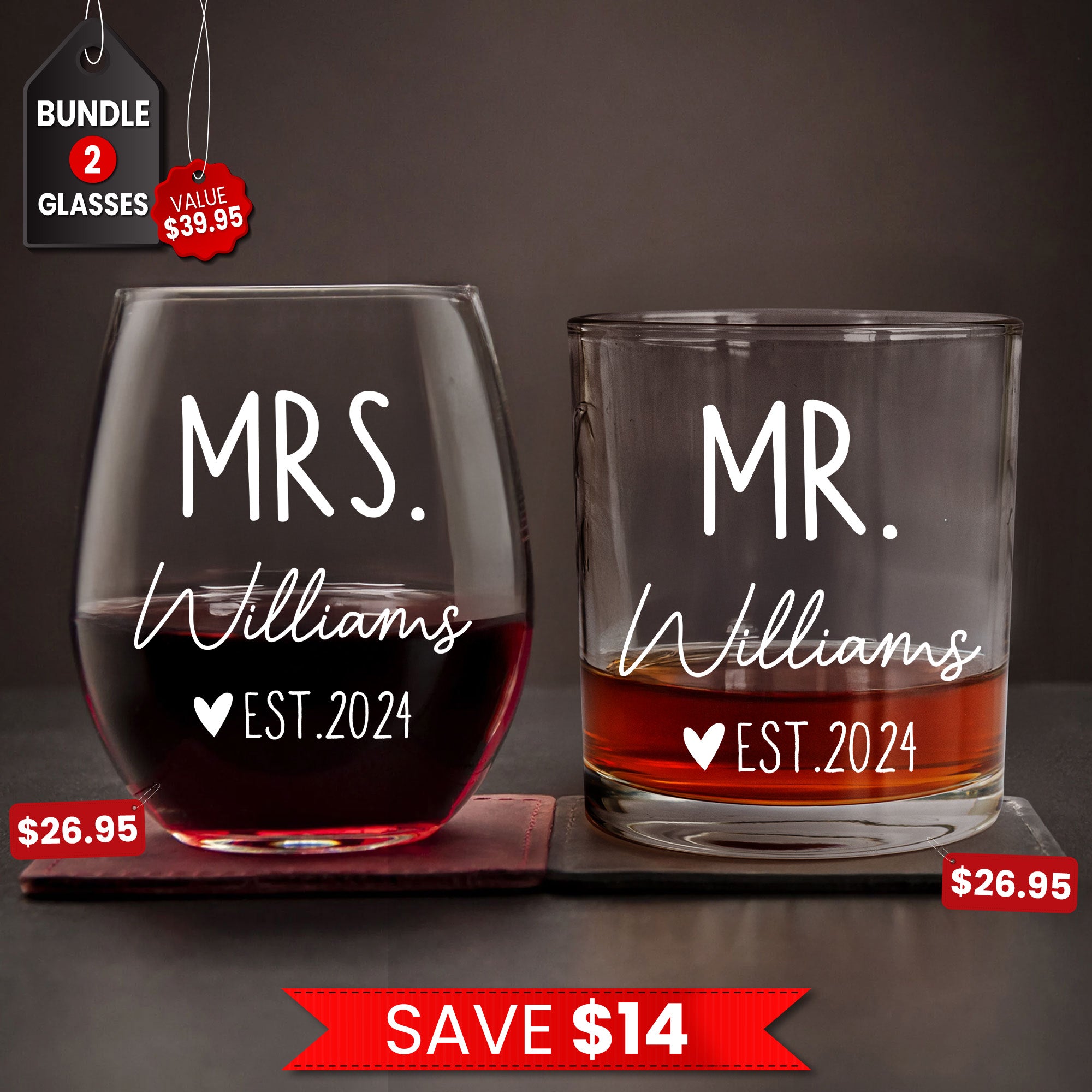 Couple Matching Drinking Mr & Mrs - Personalized Whiskey Glass And Wine Glass Set