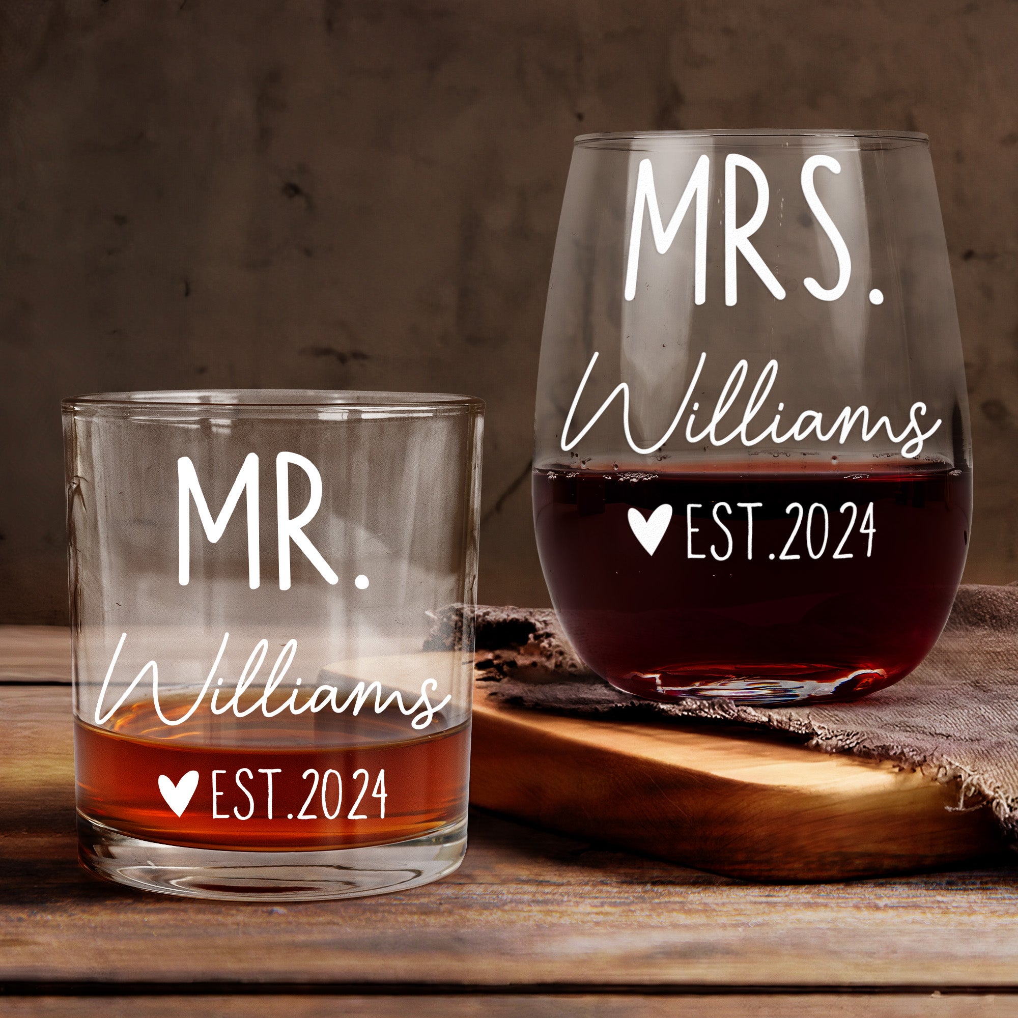 Couple Matching Drinking Mr & Mrs - Personalized Whiskey Glass And Wine Glass Set