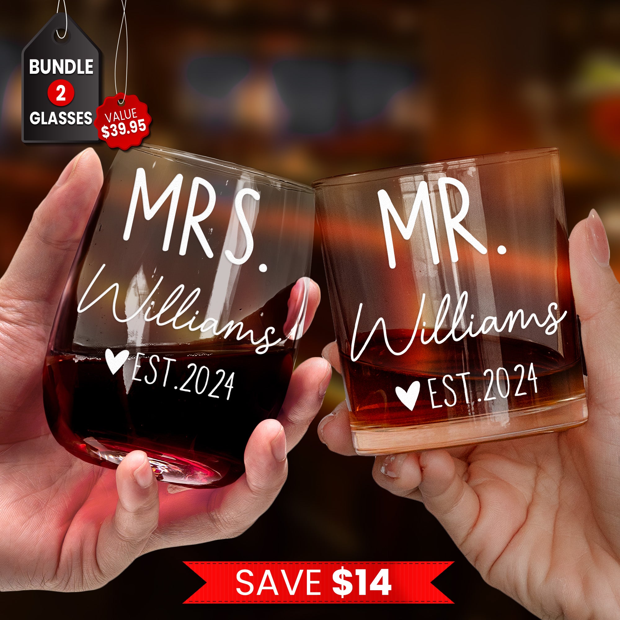 Couple Matching Drinking Mr & Mrs - Personalized Whiskey Glass And Wine Glass Set