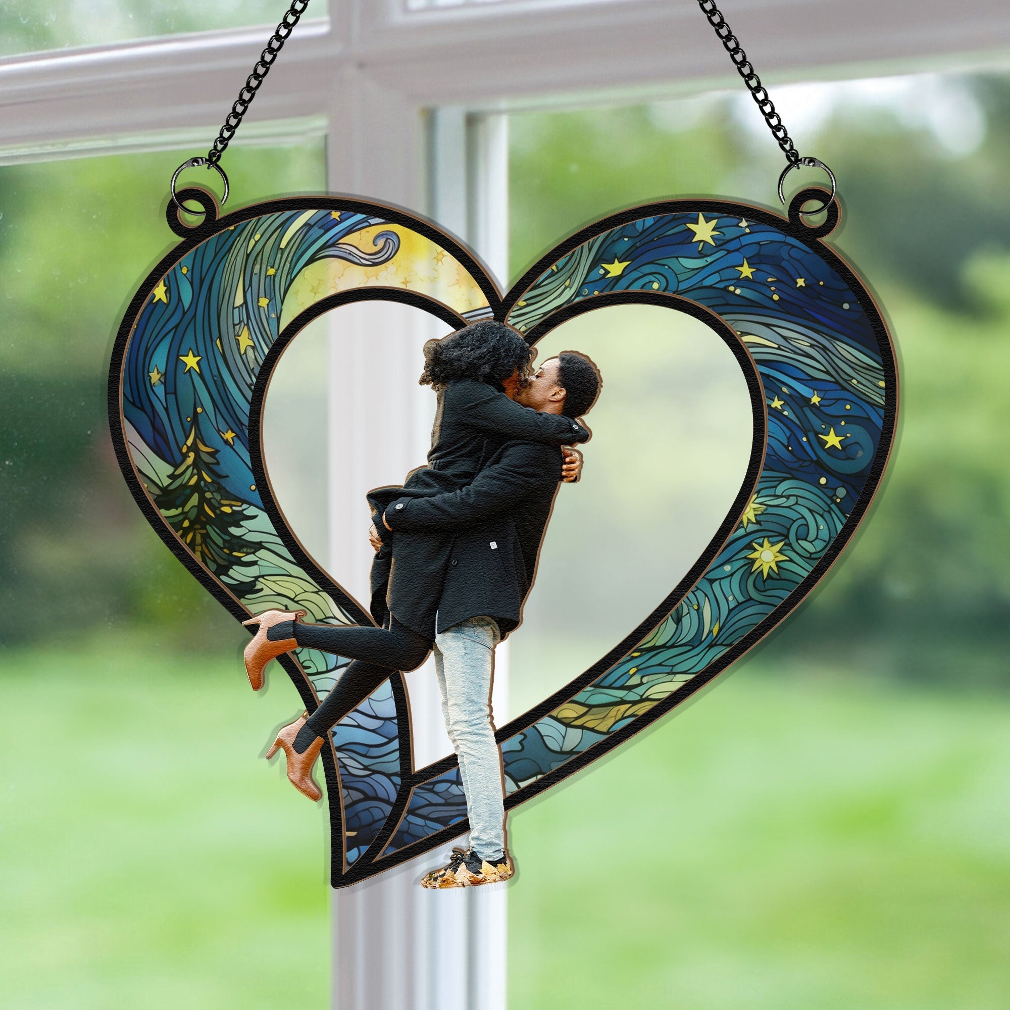 Couples Heart Love Anniversary Gifts - Personalized Photo Window Hanging Suncatcher Ornament