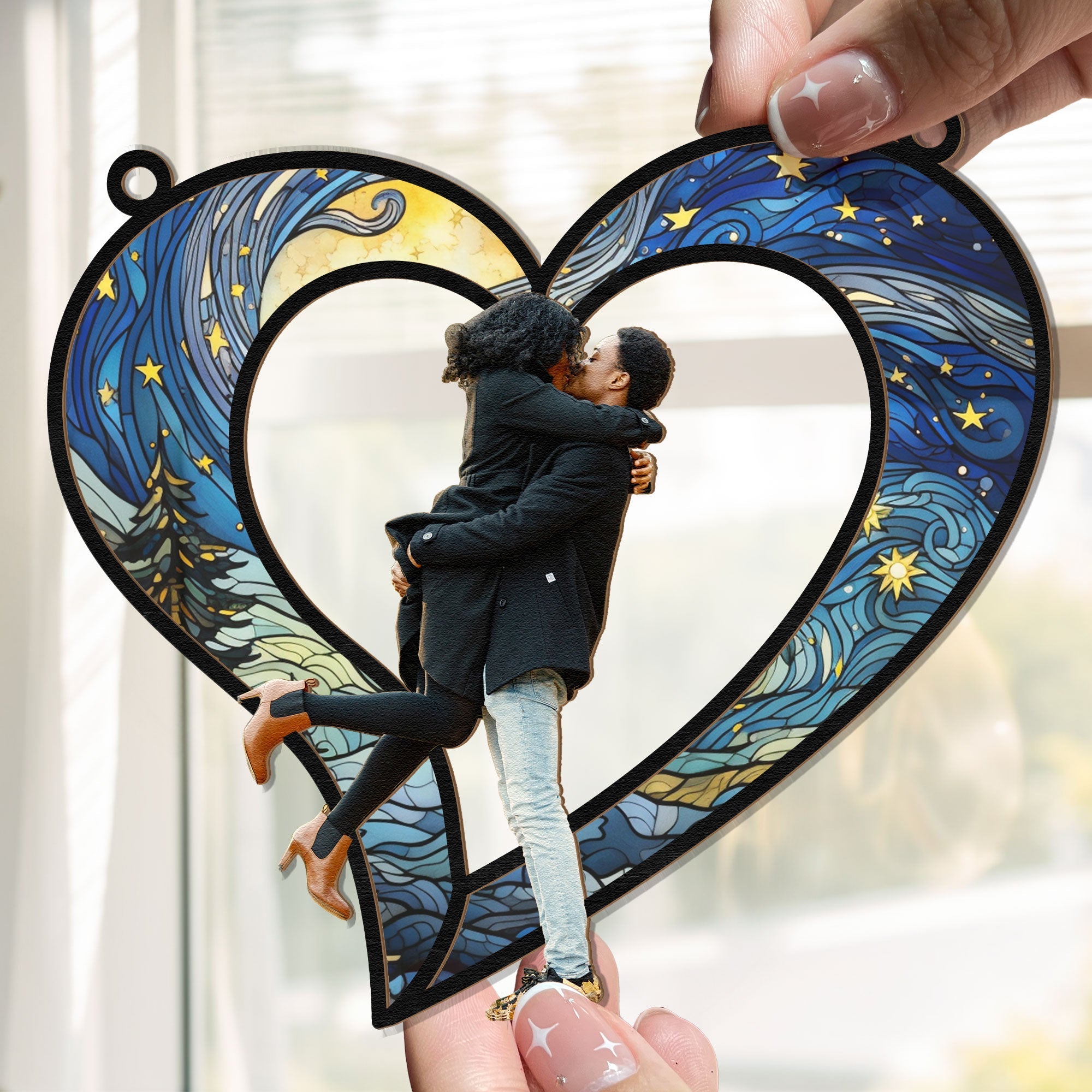 Couples Heart Love Anniversary Gifts - Personalized Photo Window Hanging Suncatcher Ornament