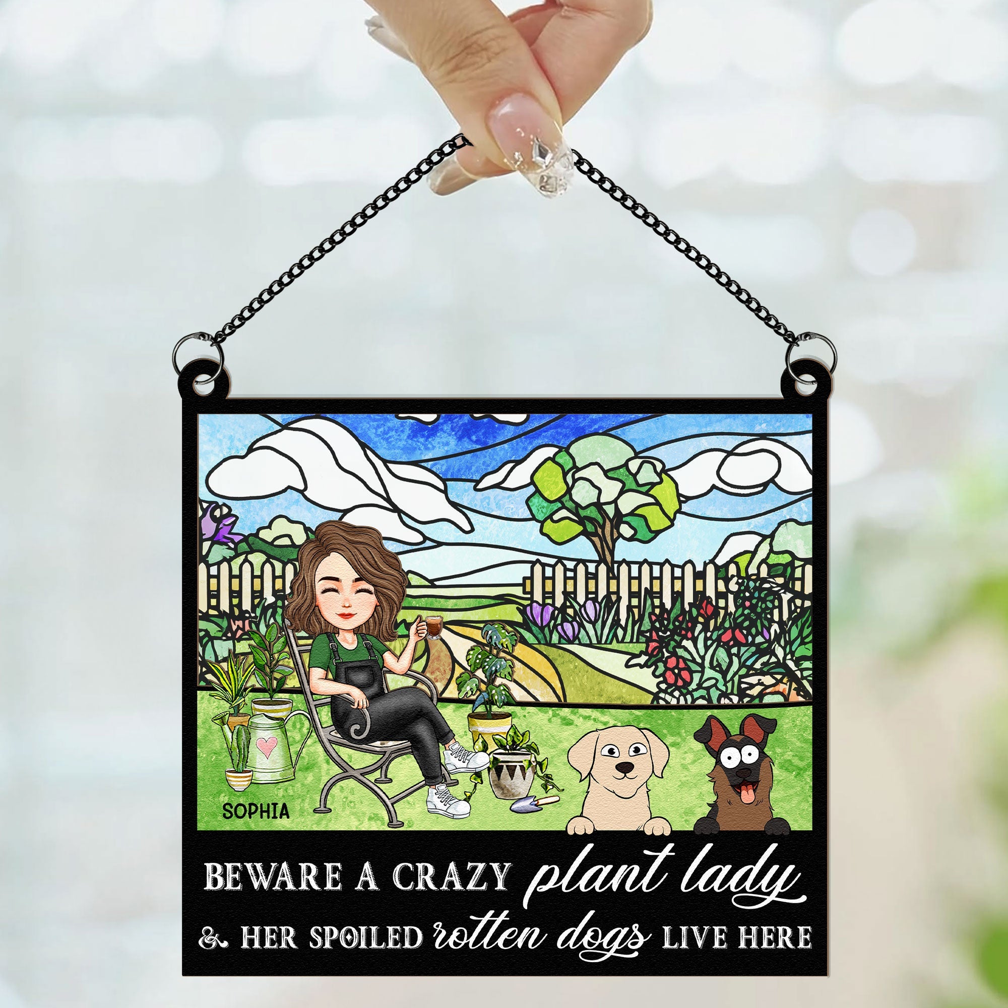 Crazy Plant Lady & Her Dogs - Personalized Window Hanging Suncatcher Ornament