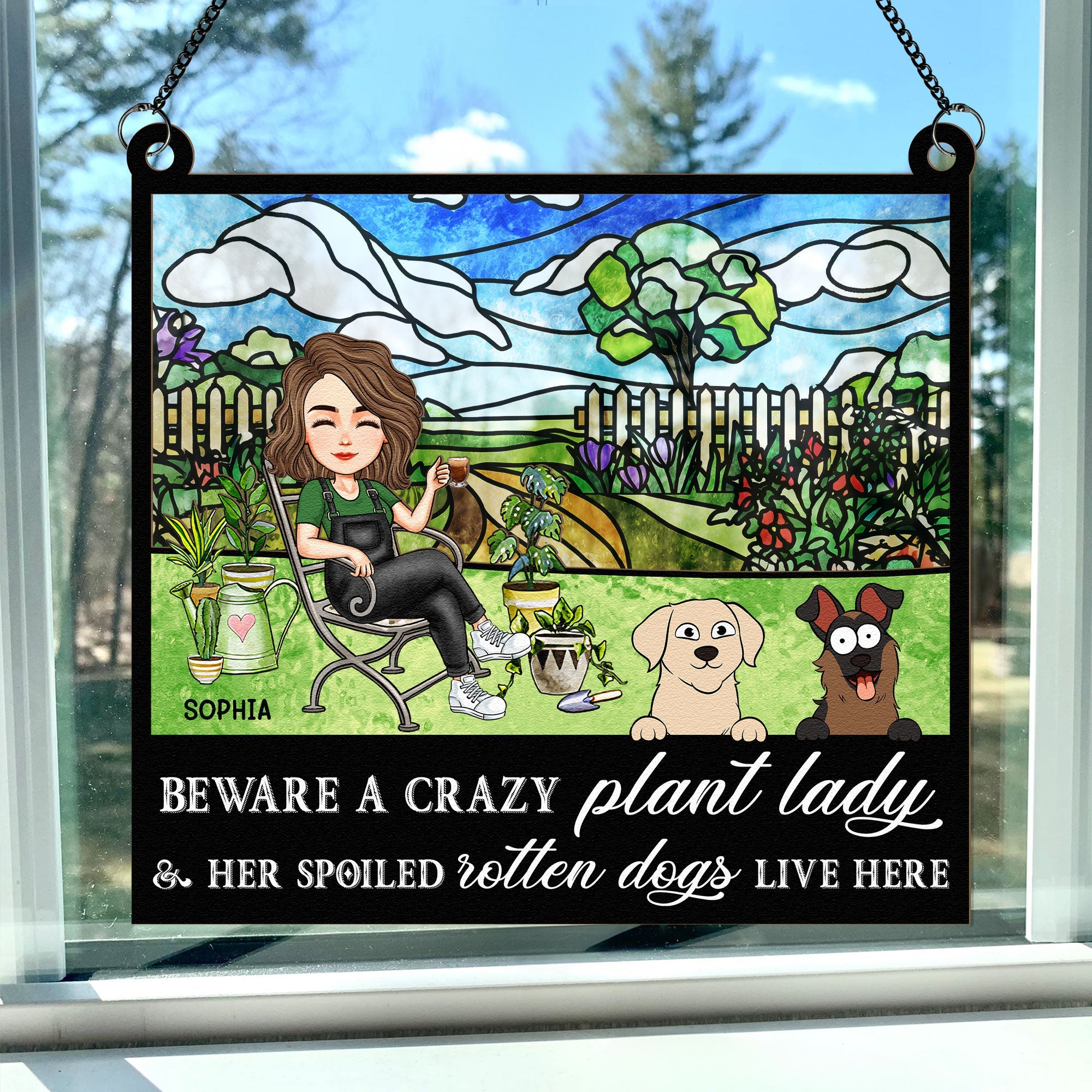 Crazy Plant Lady & Her Dogs - Personalized Window Hanging Suncatcher Ornament