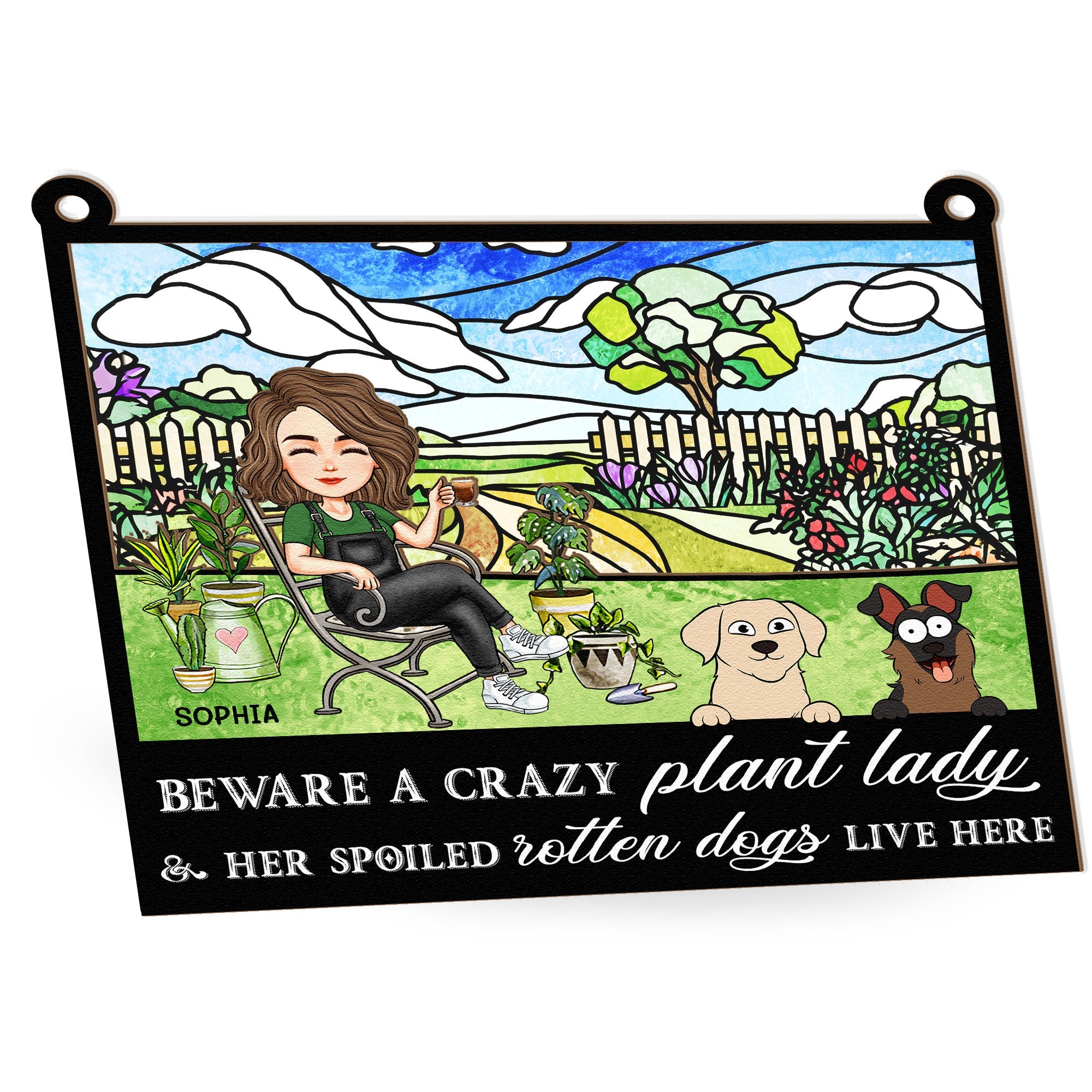 Crazy Plant Lady & Her Dogs - Personalized Window Hanging Suncatcher Ornament