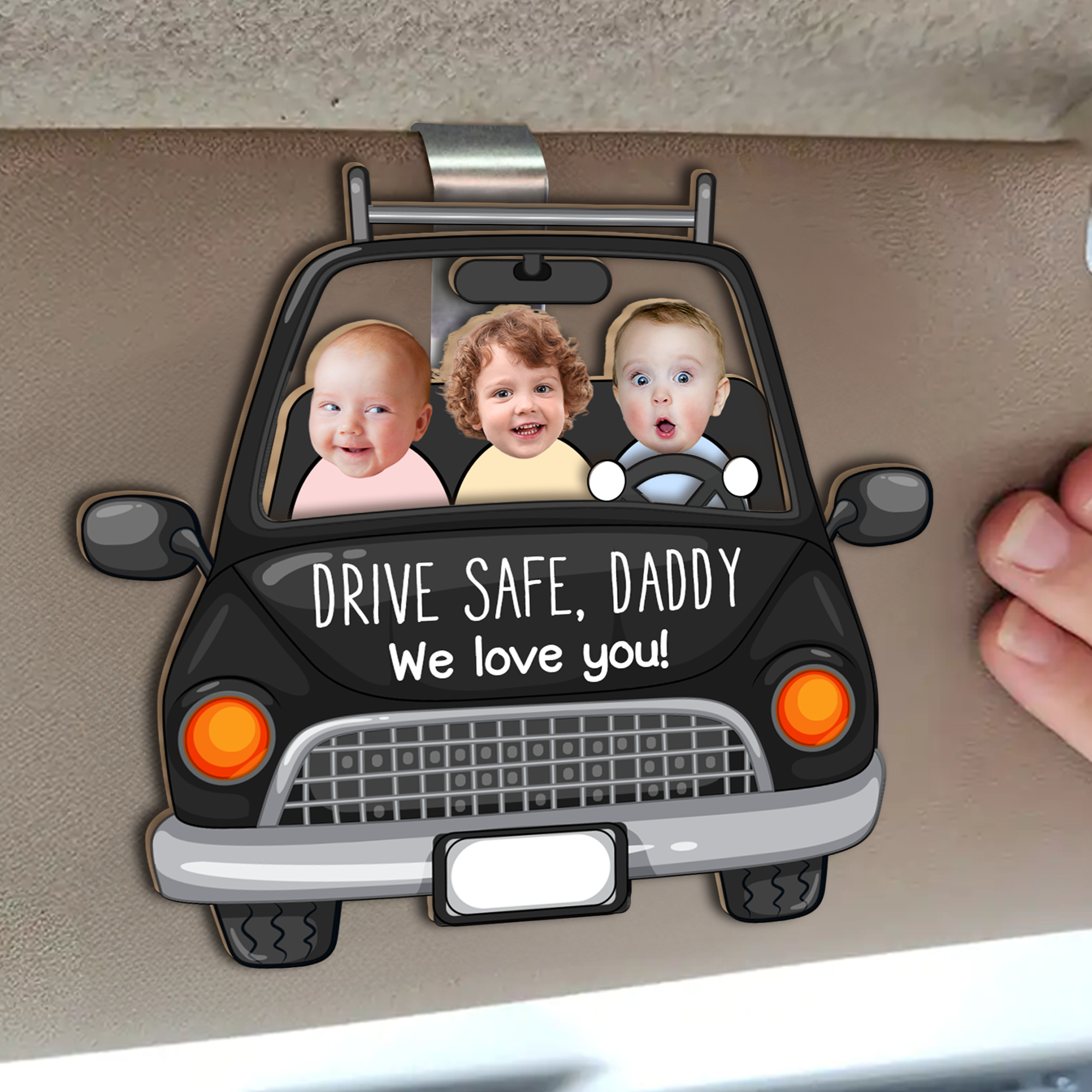 Custom Babies Face Drive Safe Daddy - Personalized Photo Wooden Car Visor Clip