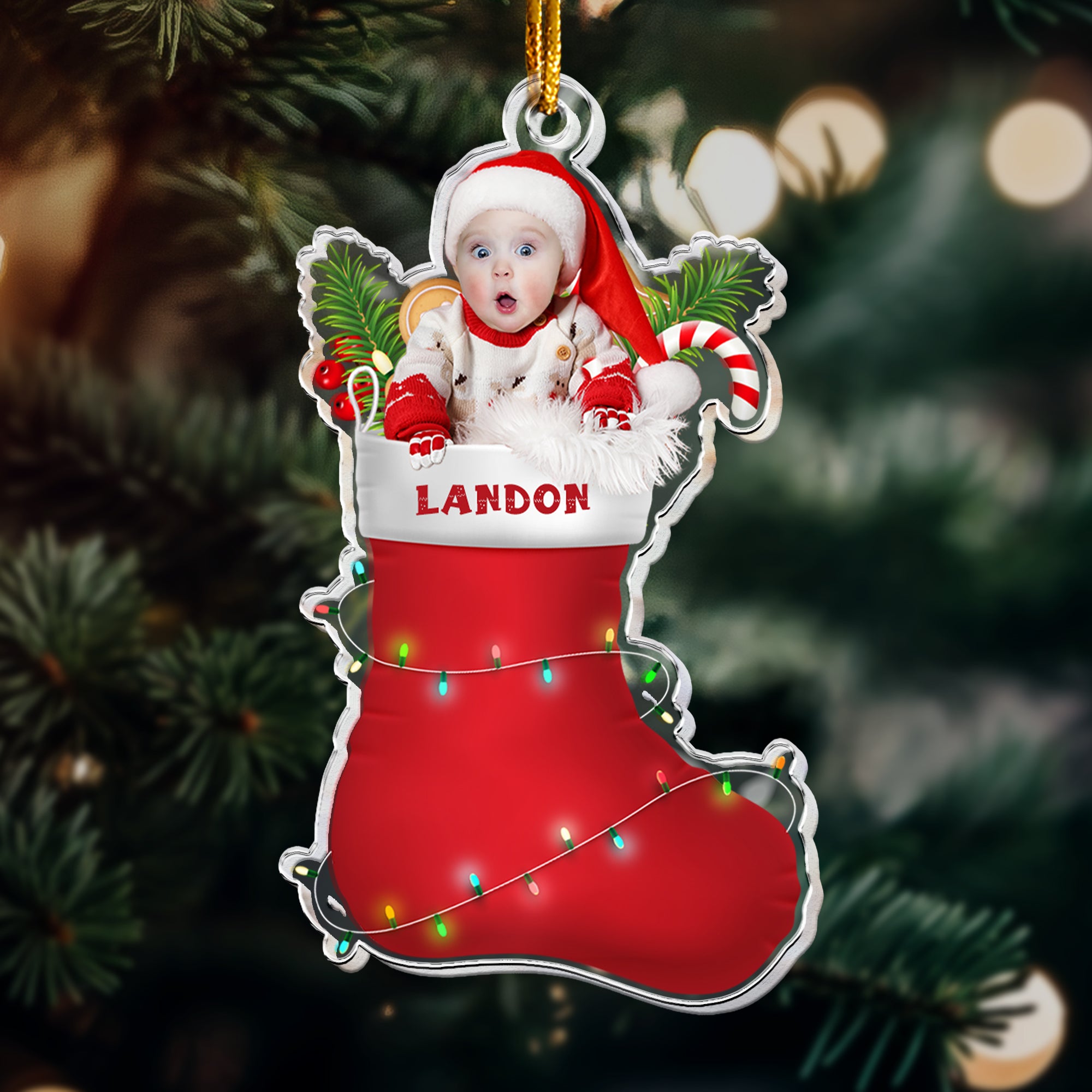 Custom Baby In Christmas Sock - Personalized Acrylic Photo Ornament