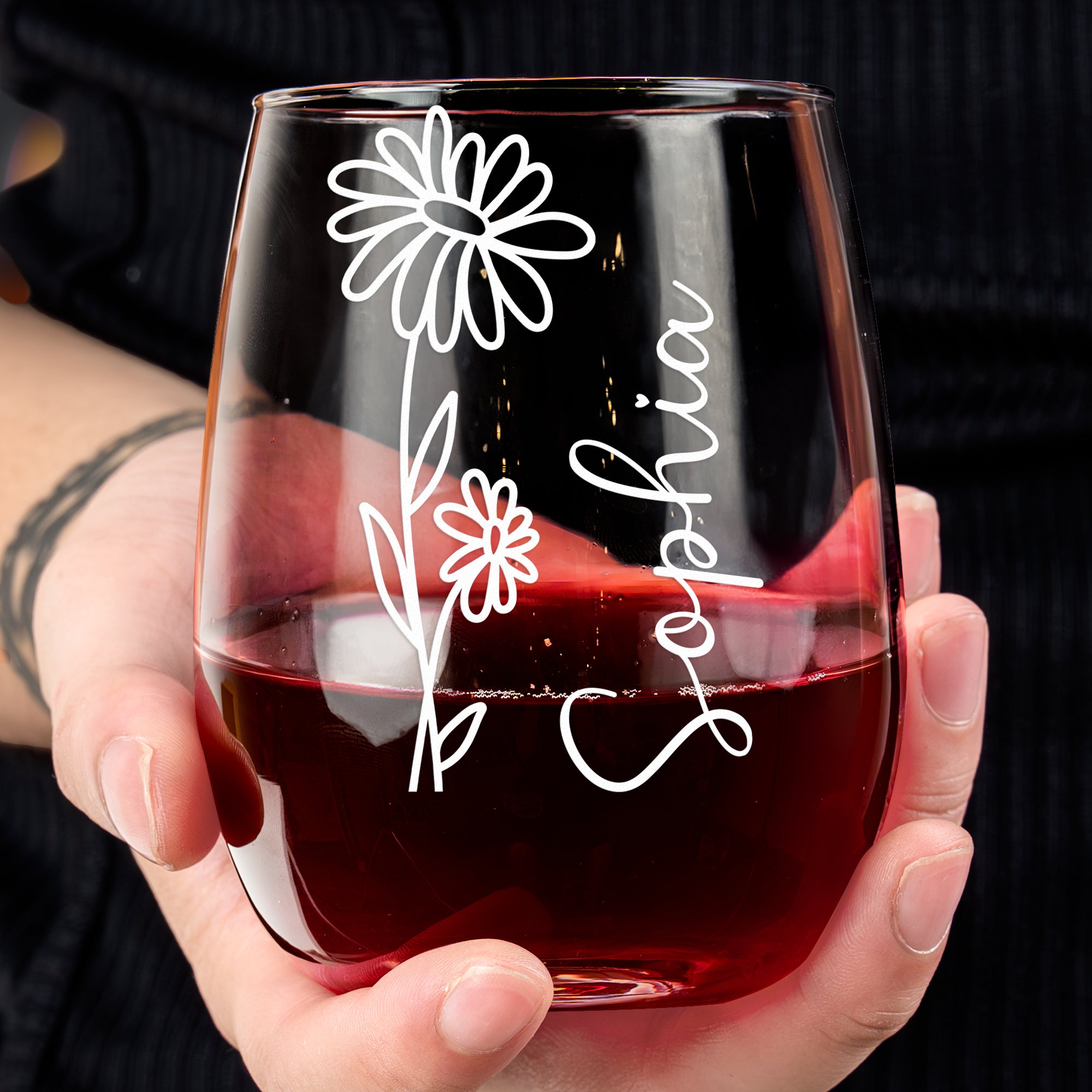 Custom Beautiful Flowers - Personalized Stemless Wine Glass