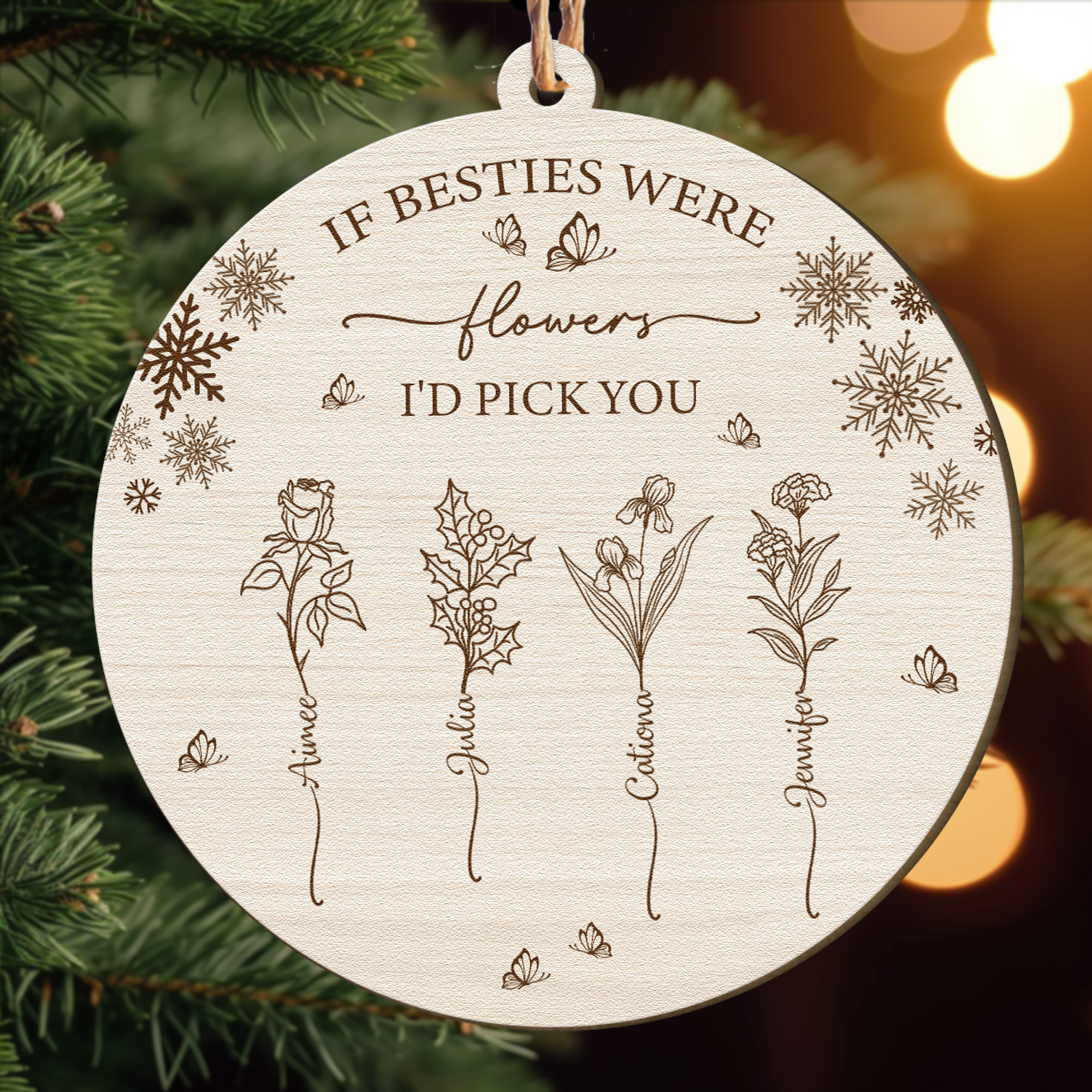 Custom Birth Flower For Besties, Sisters, Friendship - Personalized Wooden Ornament