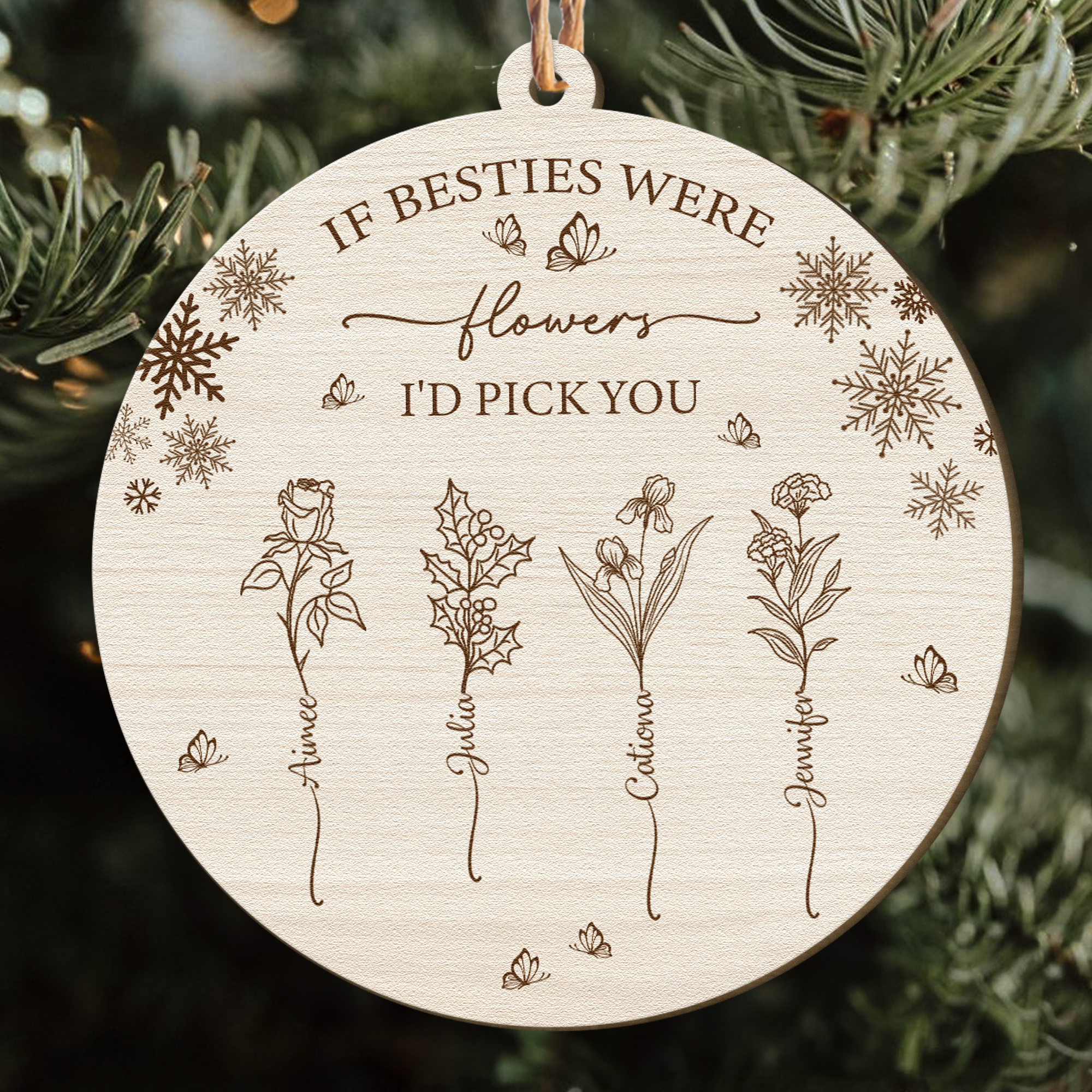 Custom Birth Flower For Besties, Sisters, Friendship - Personalized Wooden Ornament