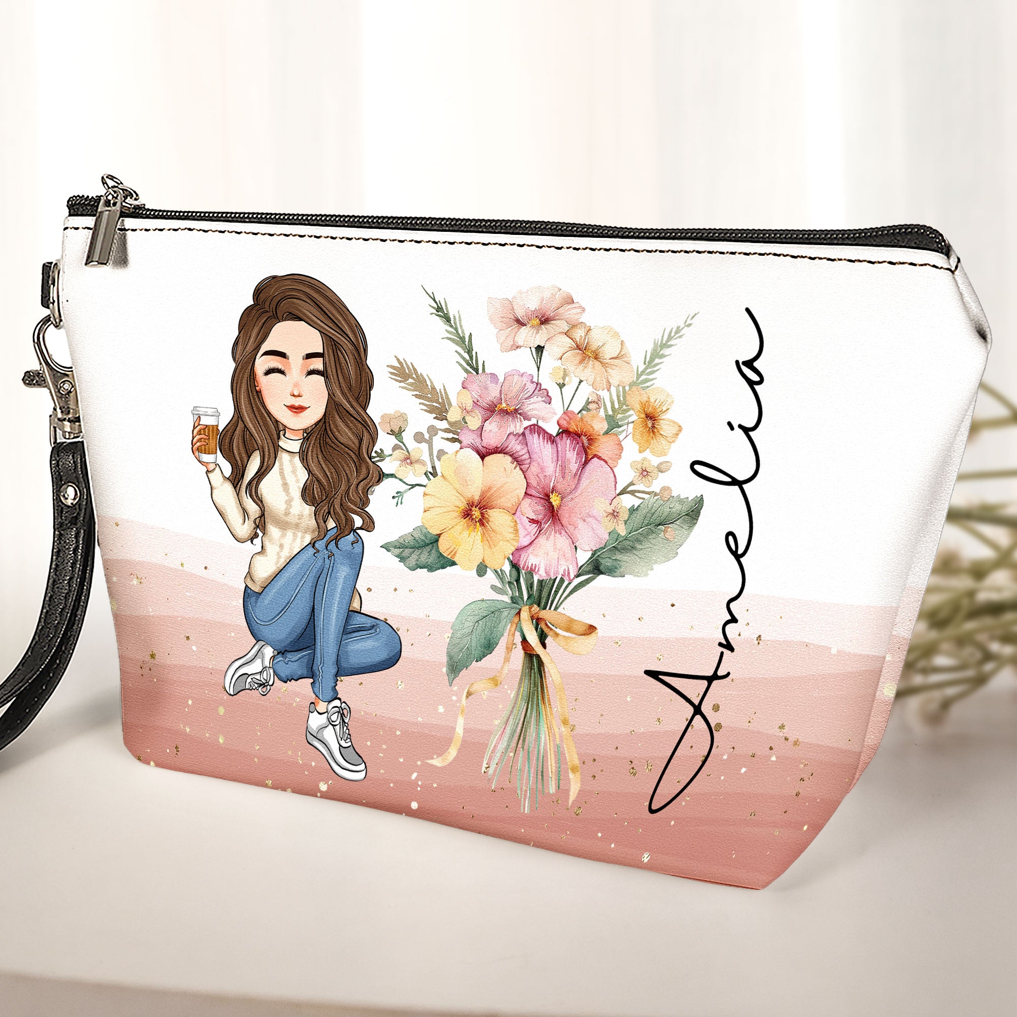 Custom Birth Flower - Gifts For Daughter, Sister, Friend, Mom - Personalized Cosmetic Bag