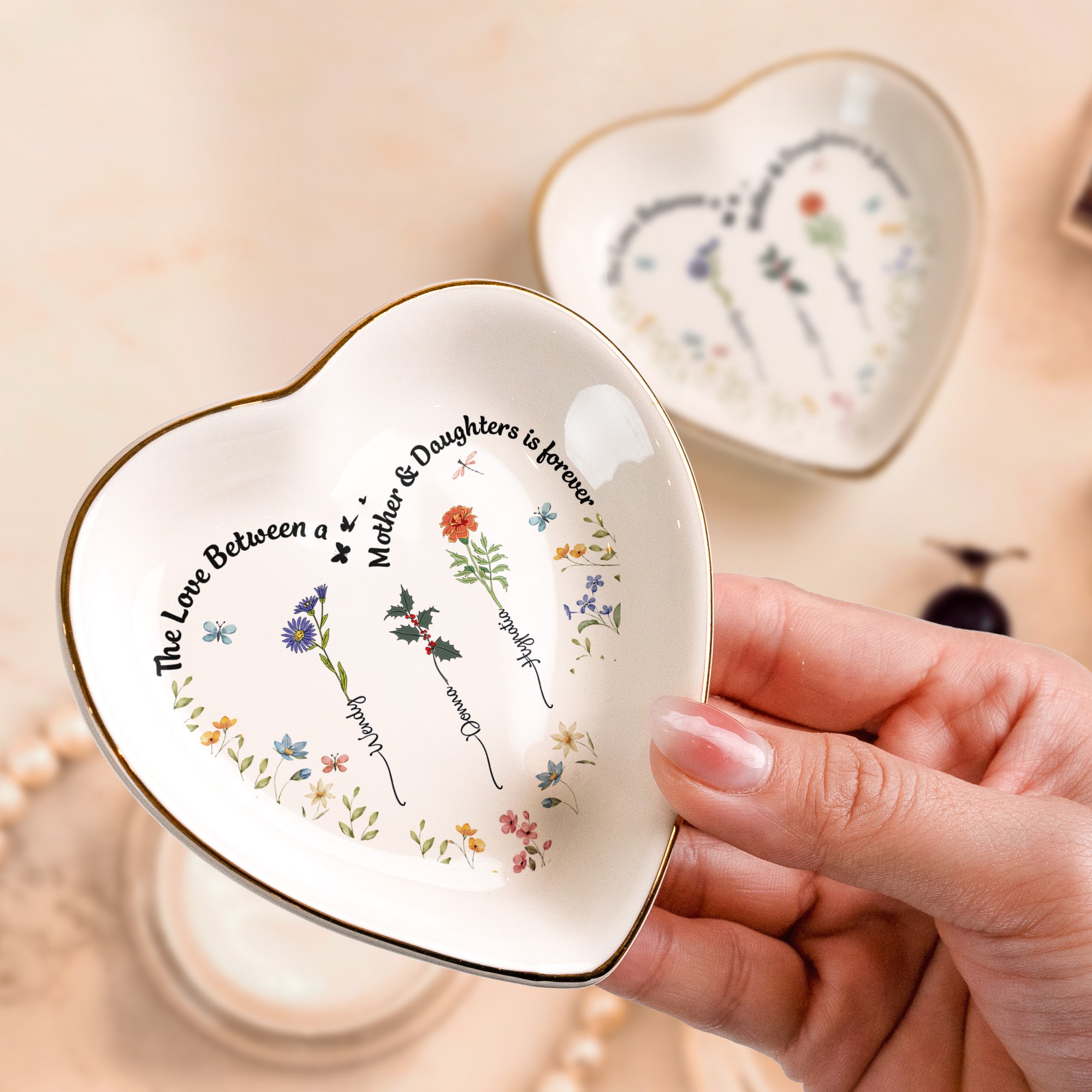 Custom Birth Flowers The Love Between A Mother & Daughters - Personalized Ring Dish