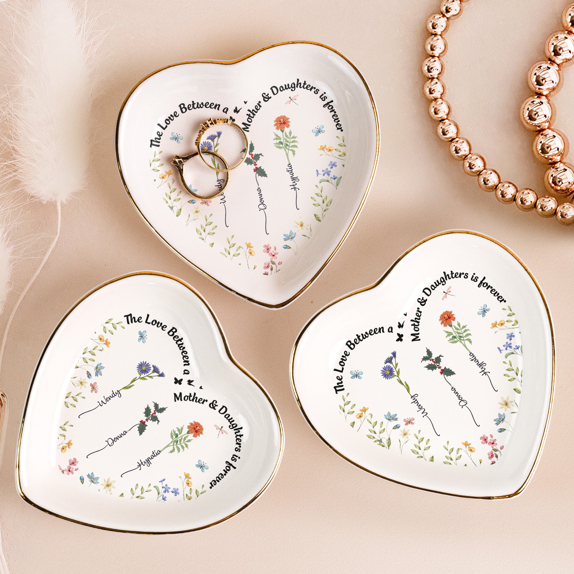 Custom Birth Flowers The Love Between A Mother & Daughters - Personalized Ring Dish