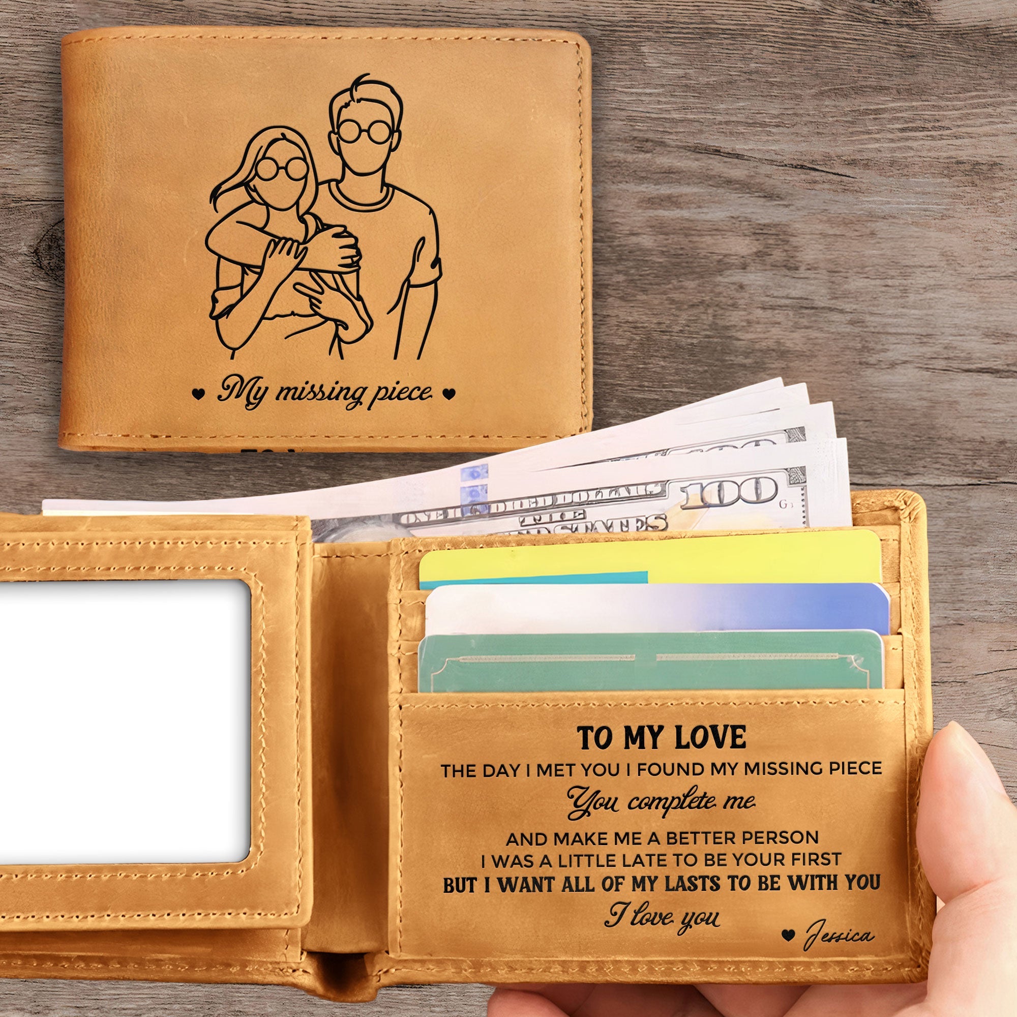 Custom Couple Line Art I Found My Missing Piece - Personalized Photo Leather Wallet