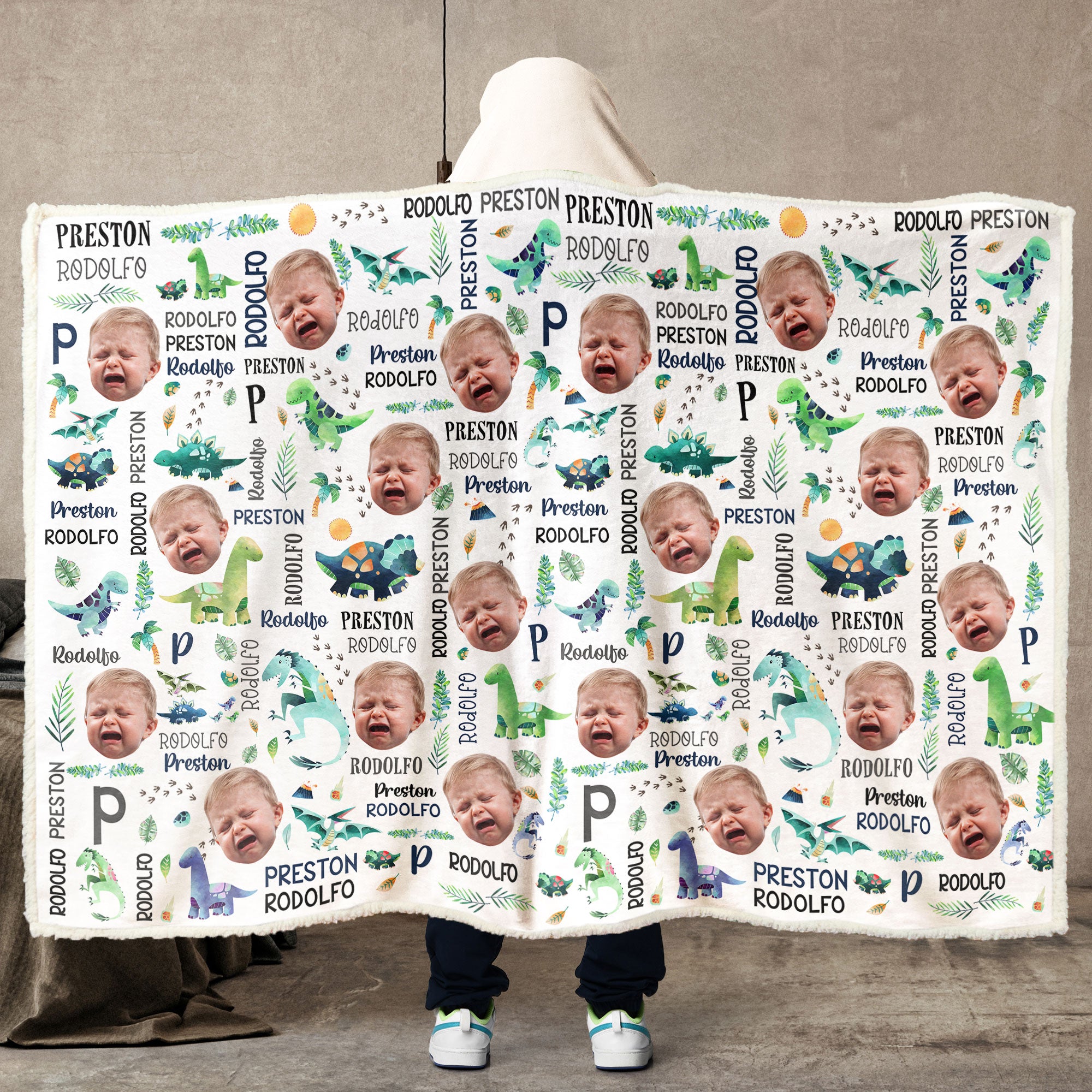 Custom Dinosaur Baby Face - Personalized Photo Wearable Blanket Hoodie