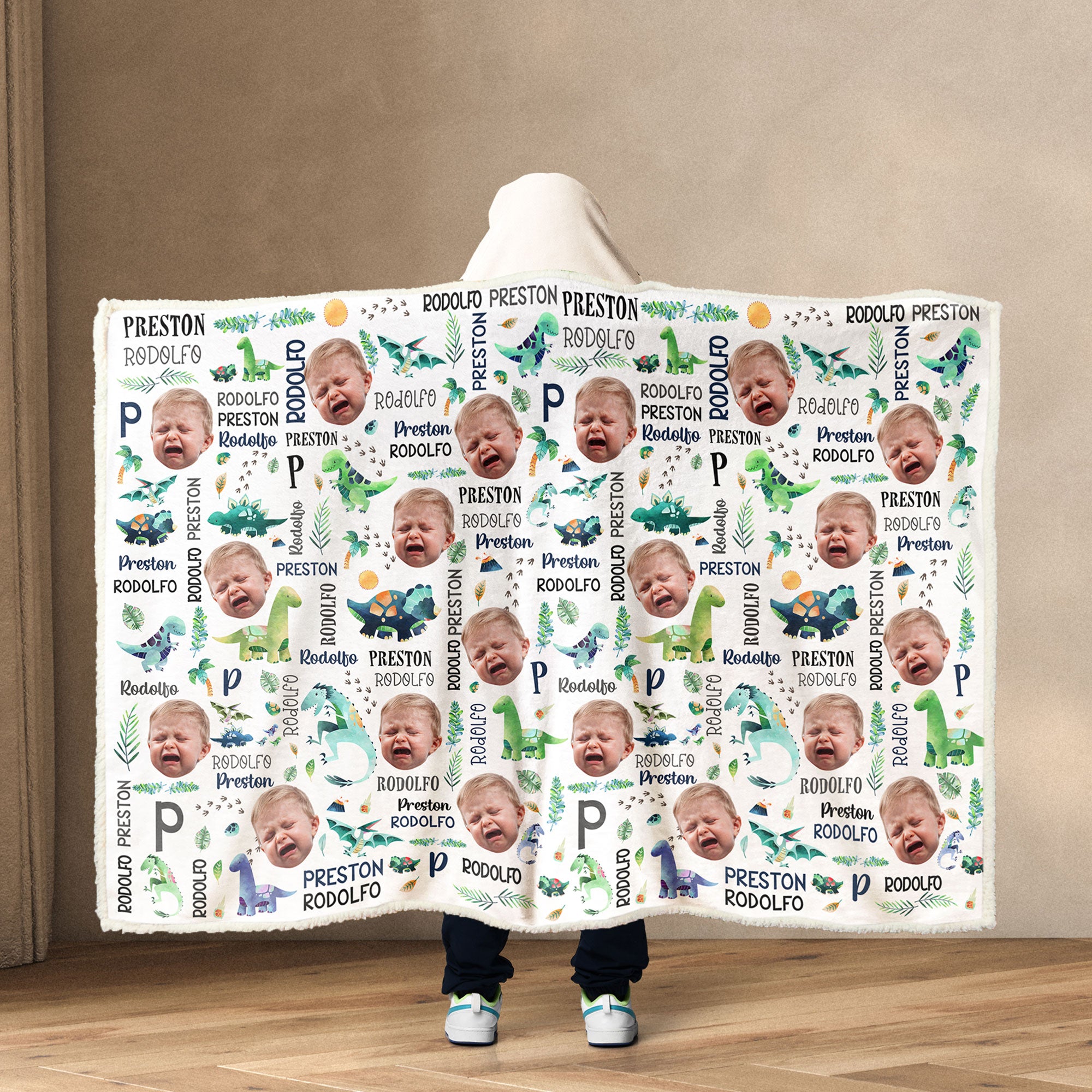 Custom Dinosaur Baby Face - Personalized Photo Wearable Blanket Hoodie