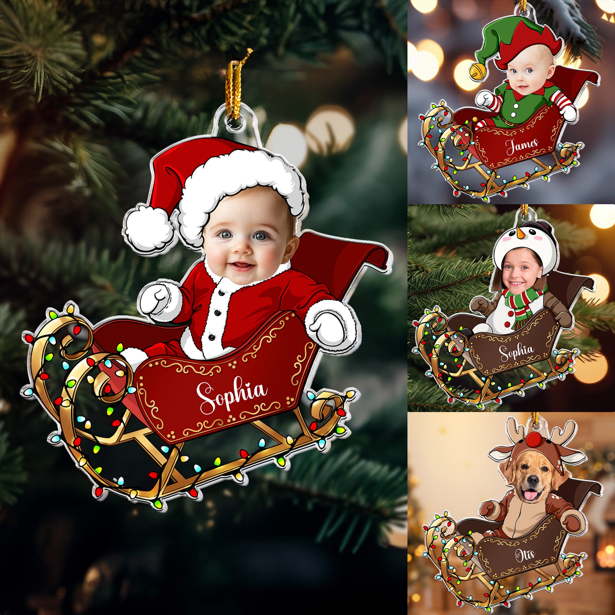 Custom Face Adorable Baby With Santa Sleigh - Personalized Acrylic Photo Ornament