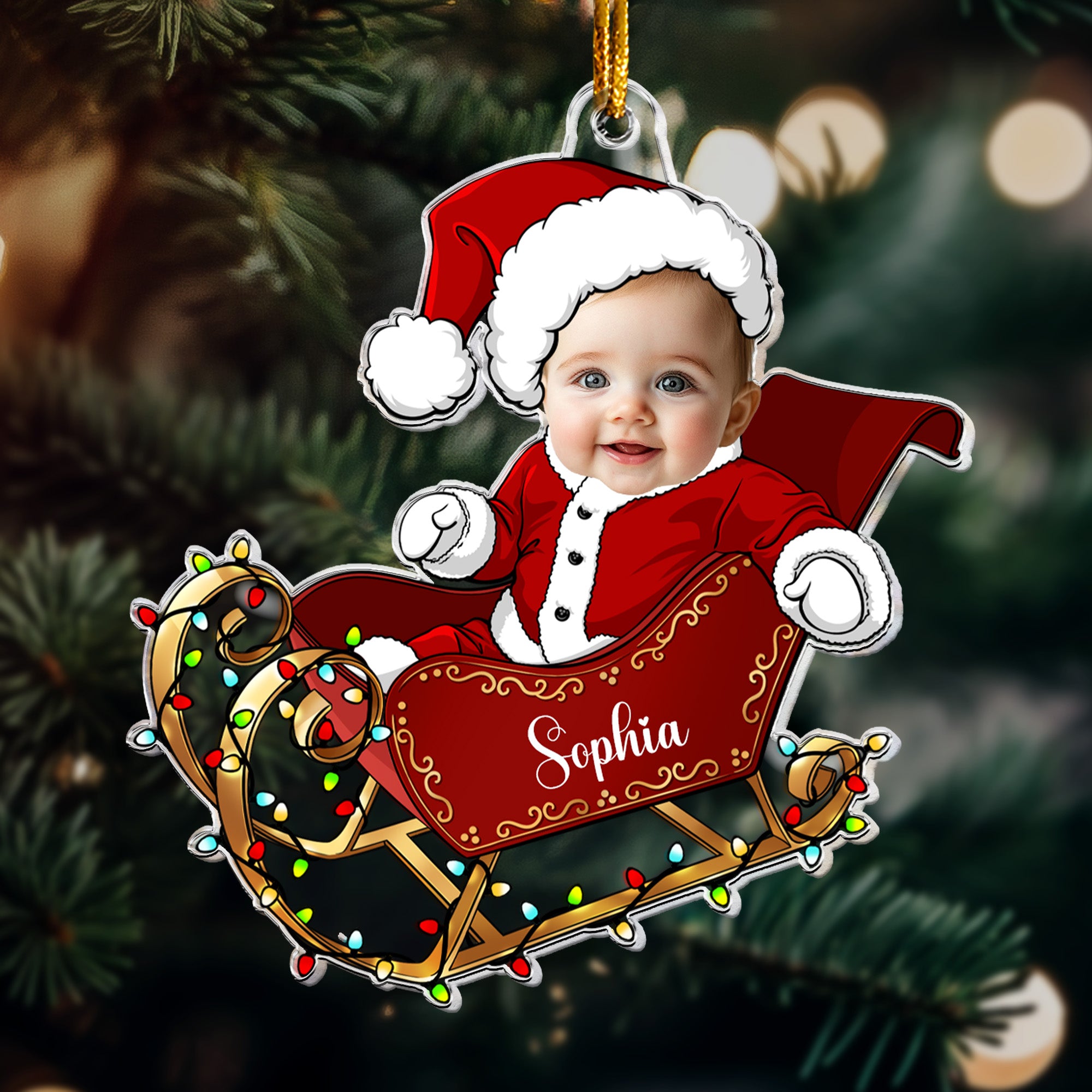 Custom Face Adorable Baby With Santa Sleigh - Personalized Acrylic Photo Ornament