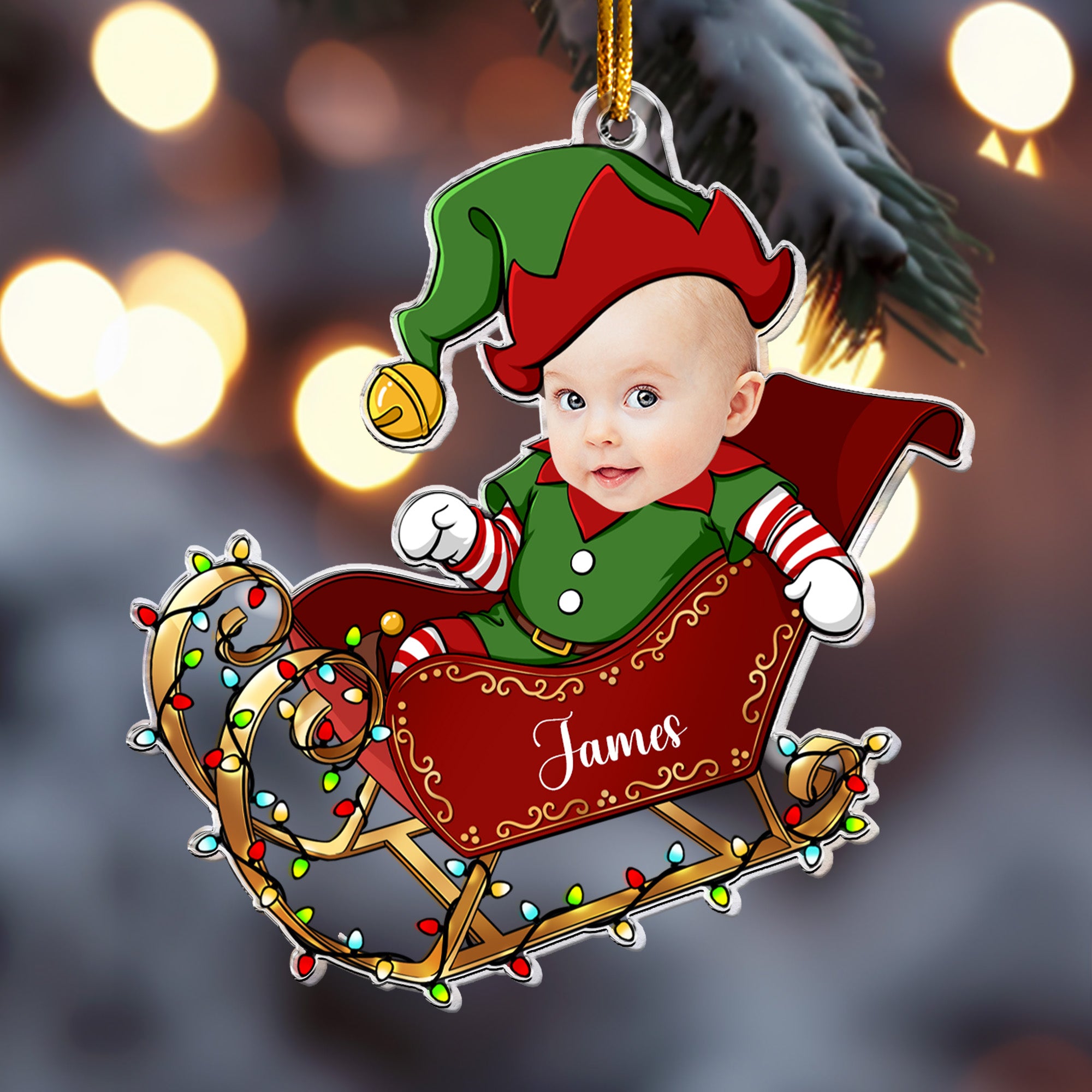 Custom Face Adorable Baby With Santa Sleigh - Personalized Acrylic Photo Ornament