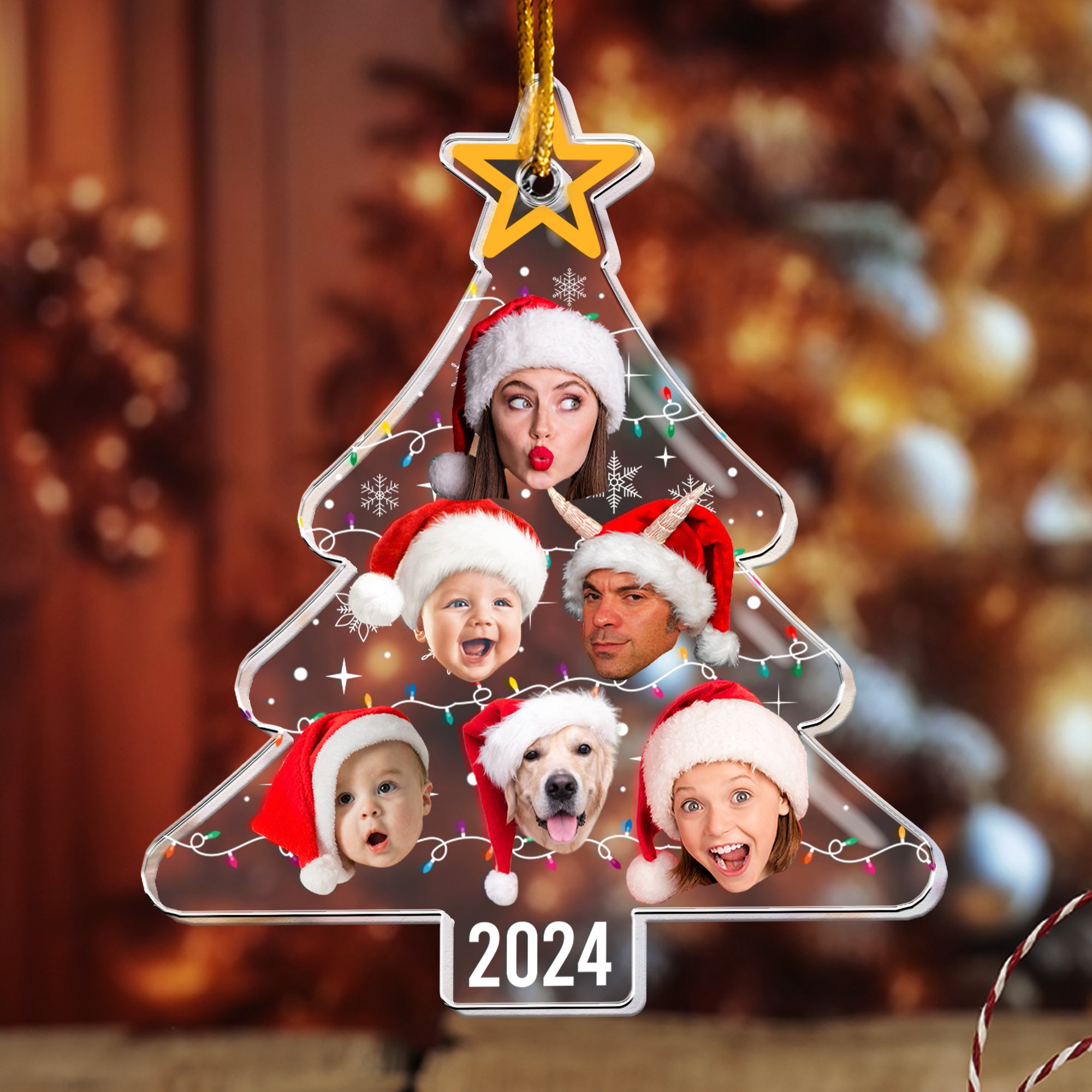 Custom Face Christmas Tree With Led Light Funny Family - Personalized Acrylic Photo Ornament