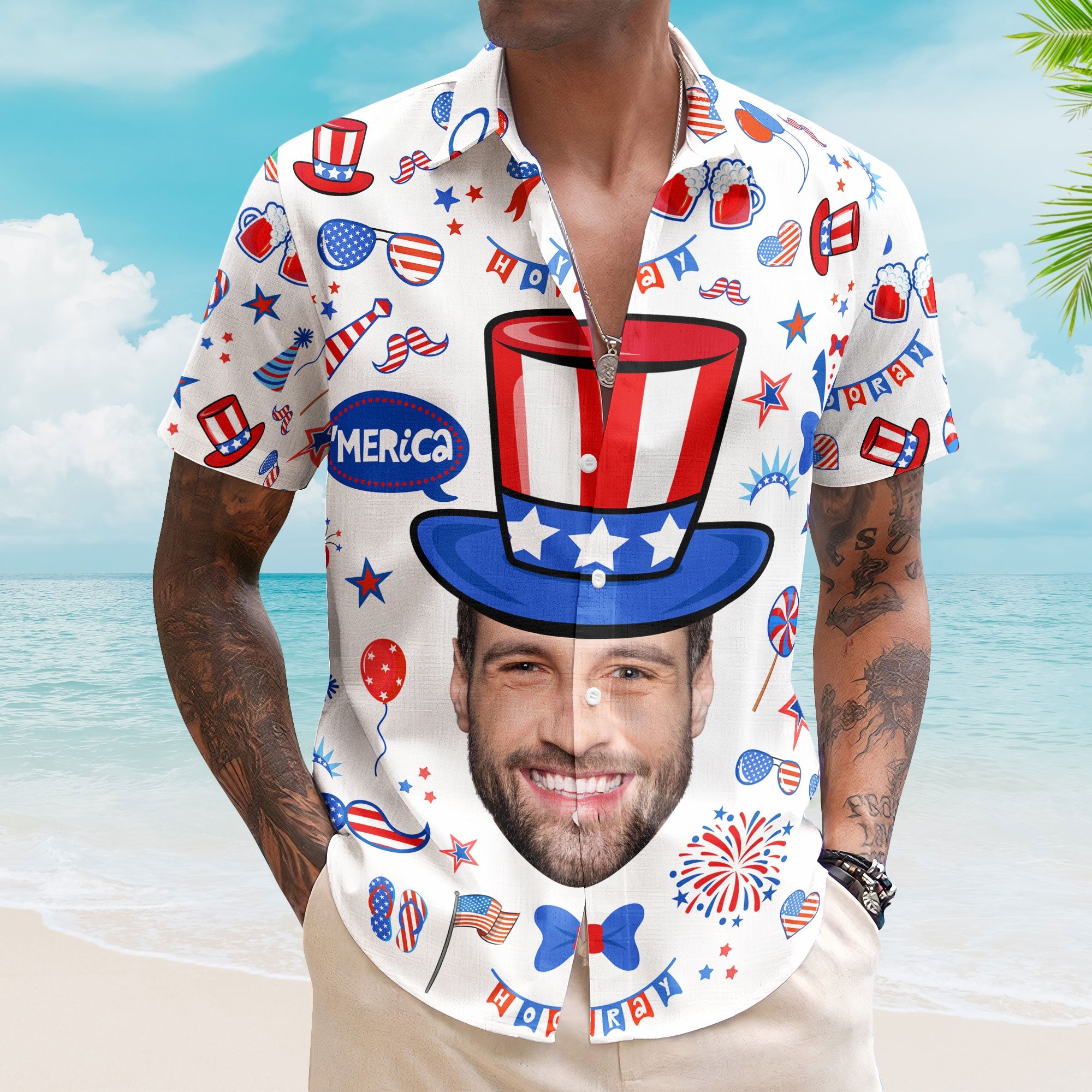 Custom Face Funny Happy 4th Of July - Personalized Photo Hawaiian Shirt