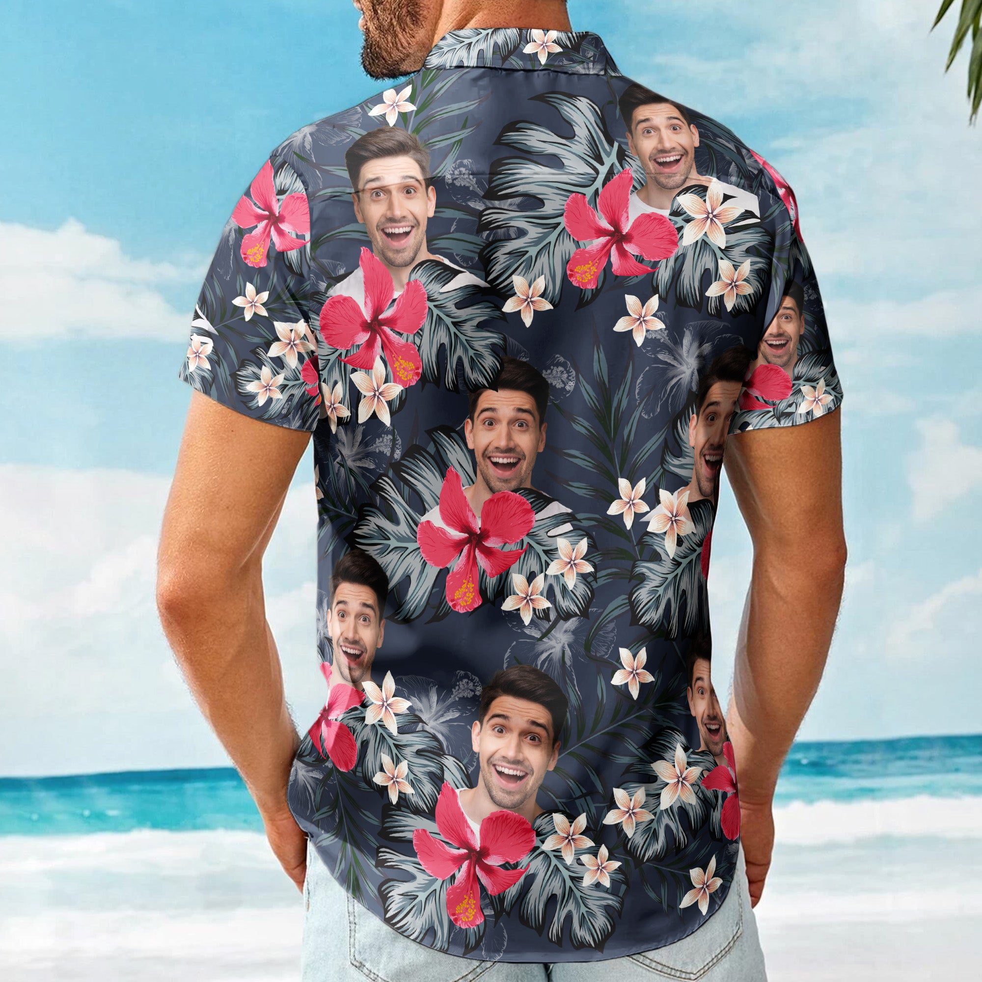 Custom Face Funny Photo For Men, Husband Red Hibiscus - Custom Photo Hawaiian Shirt