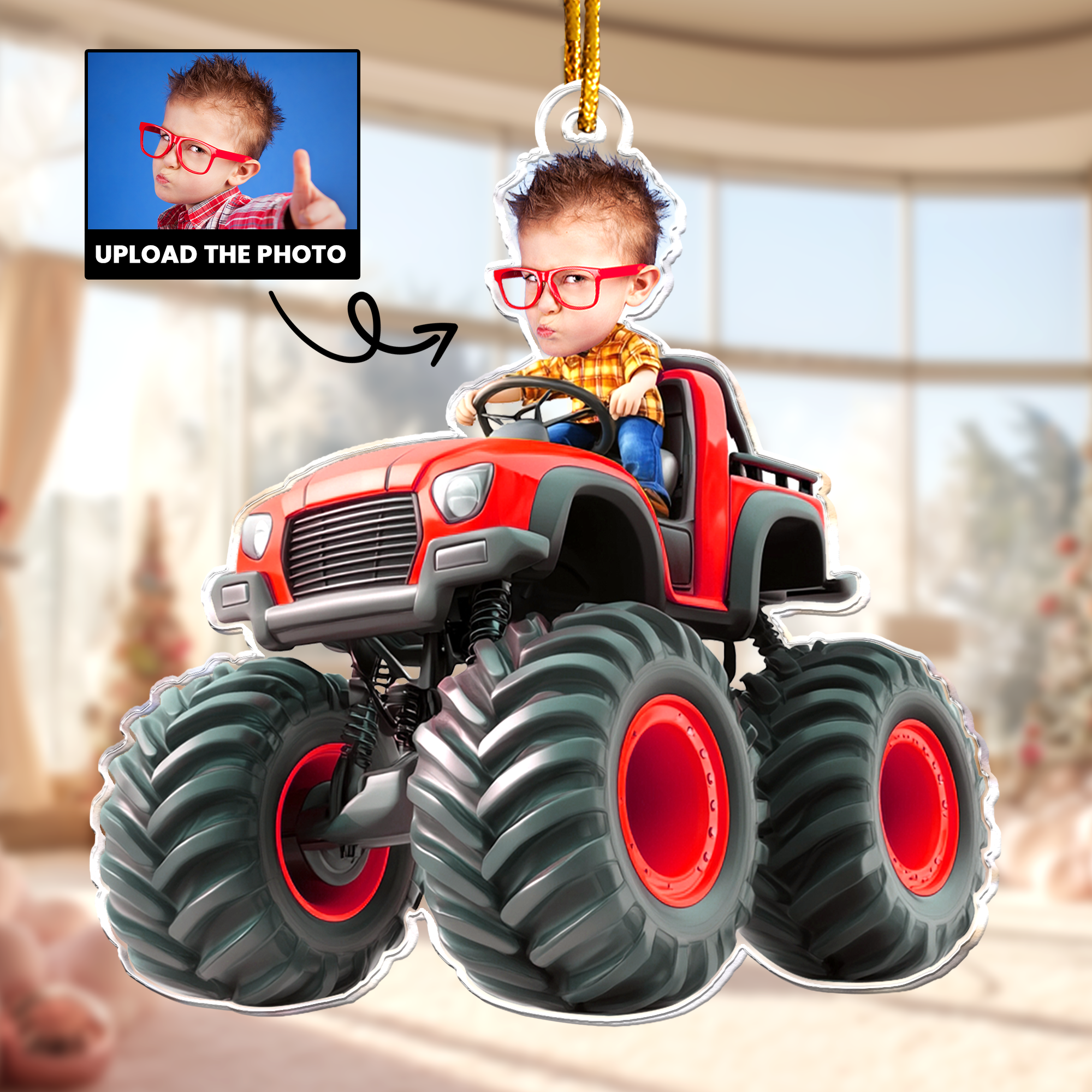 Custom Face Kid Riding Monster Truck - Gifts For Toddler, Kids - Personalized Acrylic Photo Ornament