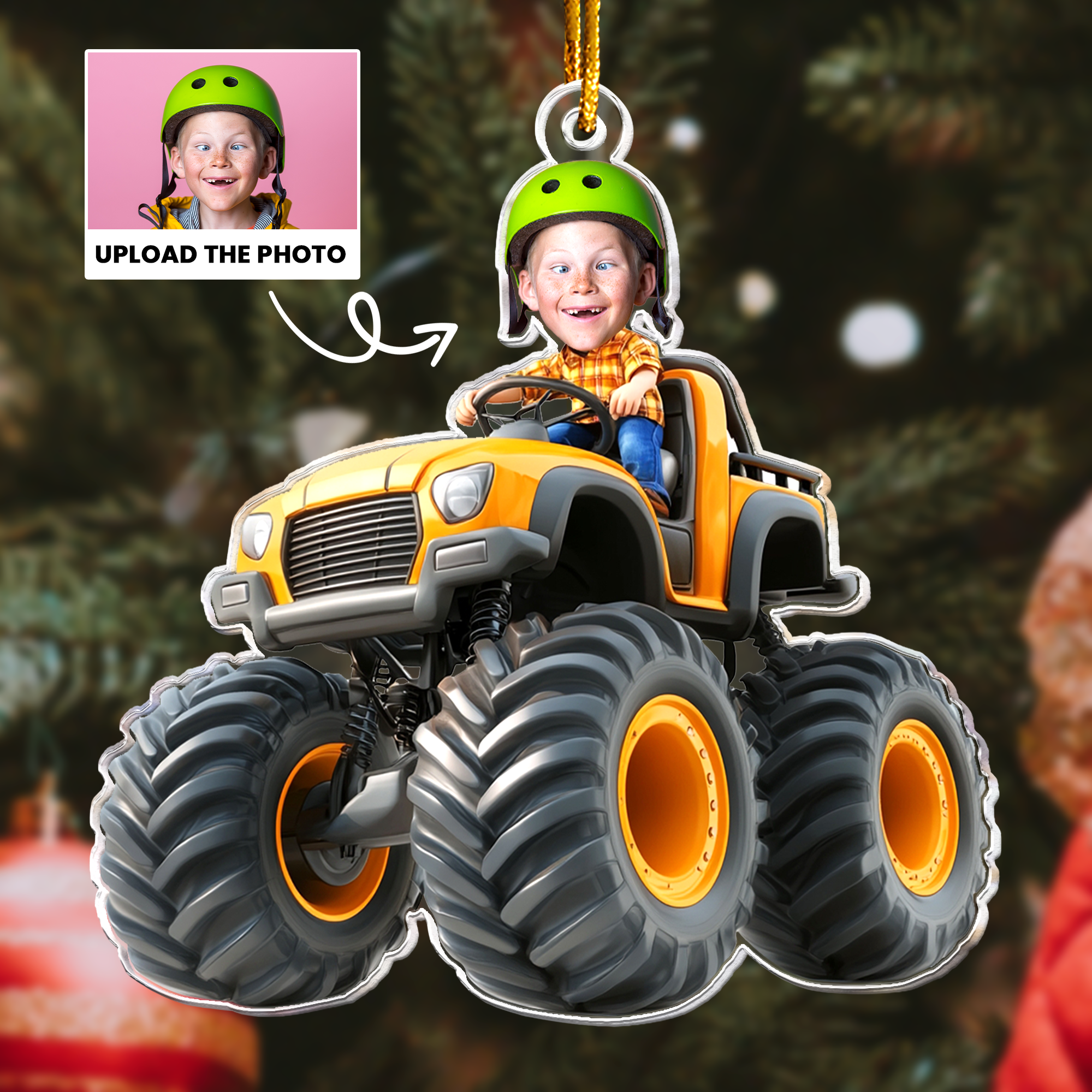 Custom Face Kid Riding Monster Truck - Gifts For Toddler, Kids - Personalized Acrylic Photo Ornament