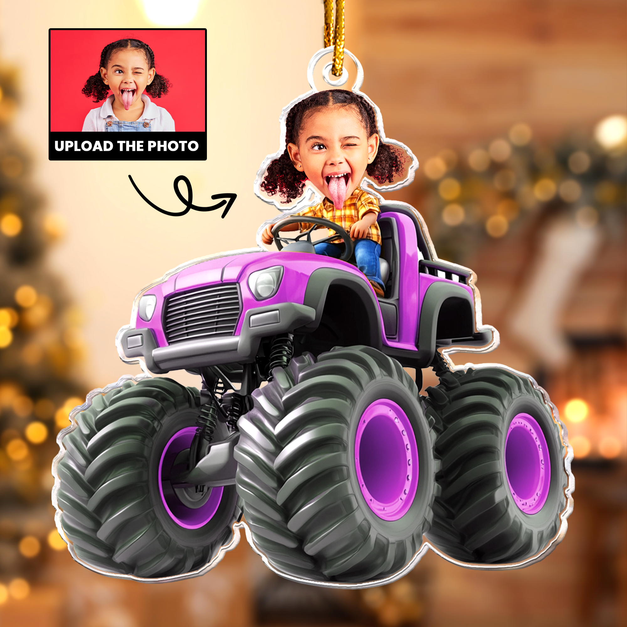 Custom Face Kid Riding Monster Truck - Gifts For Toddler, Kids - Personalized Acrylic Photo Ornament