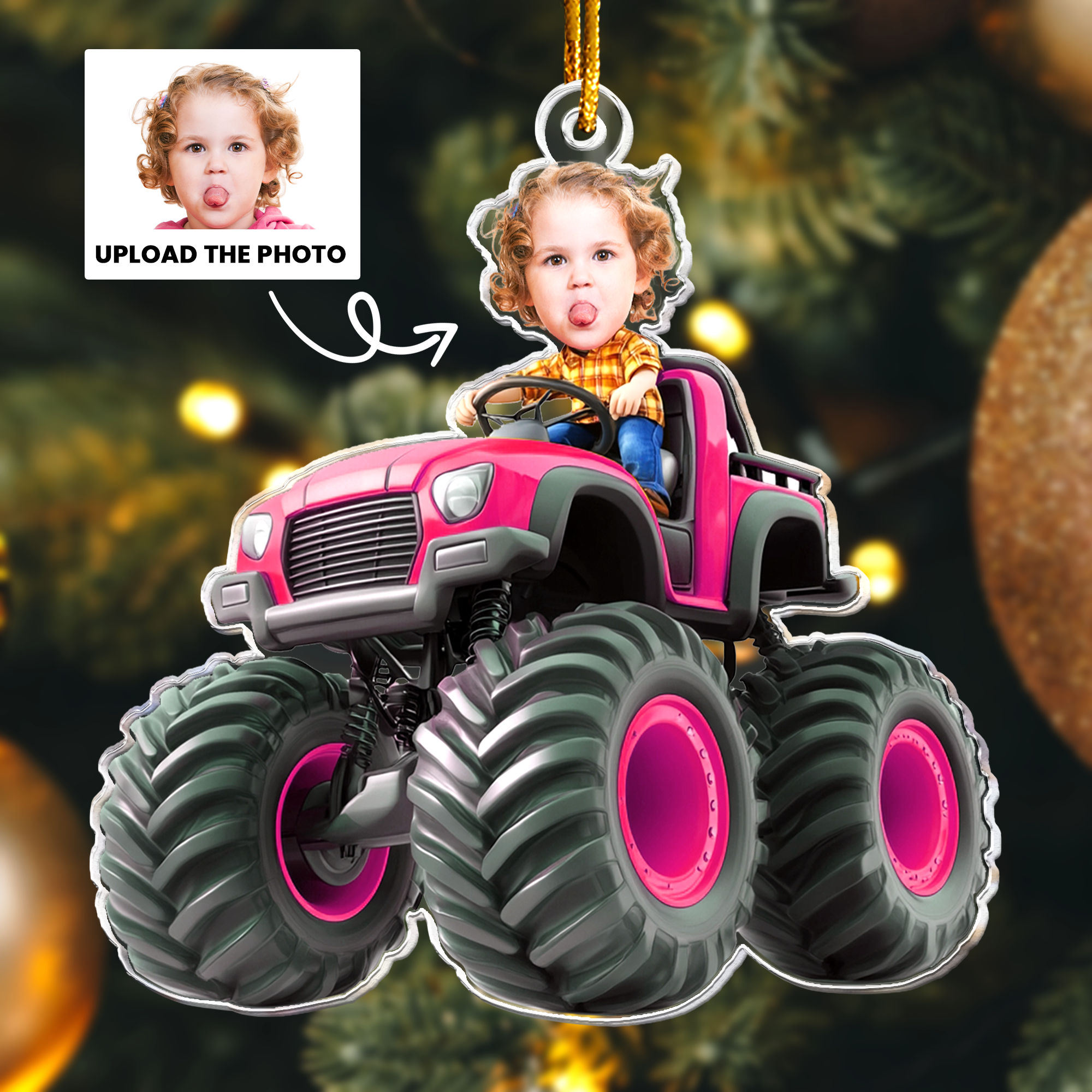 Custom Face Kid Riding Monster Truck - Gifts For Toddler, Kids - Personalized Acrylic Photo Ornament