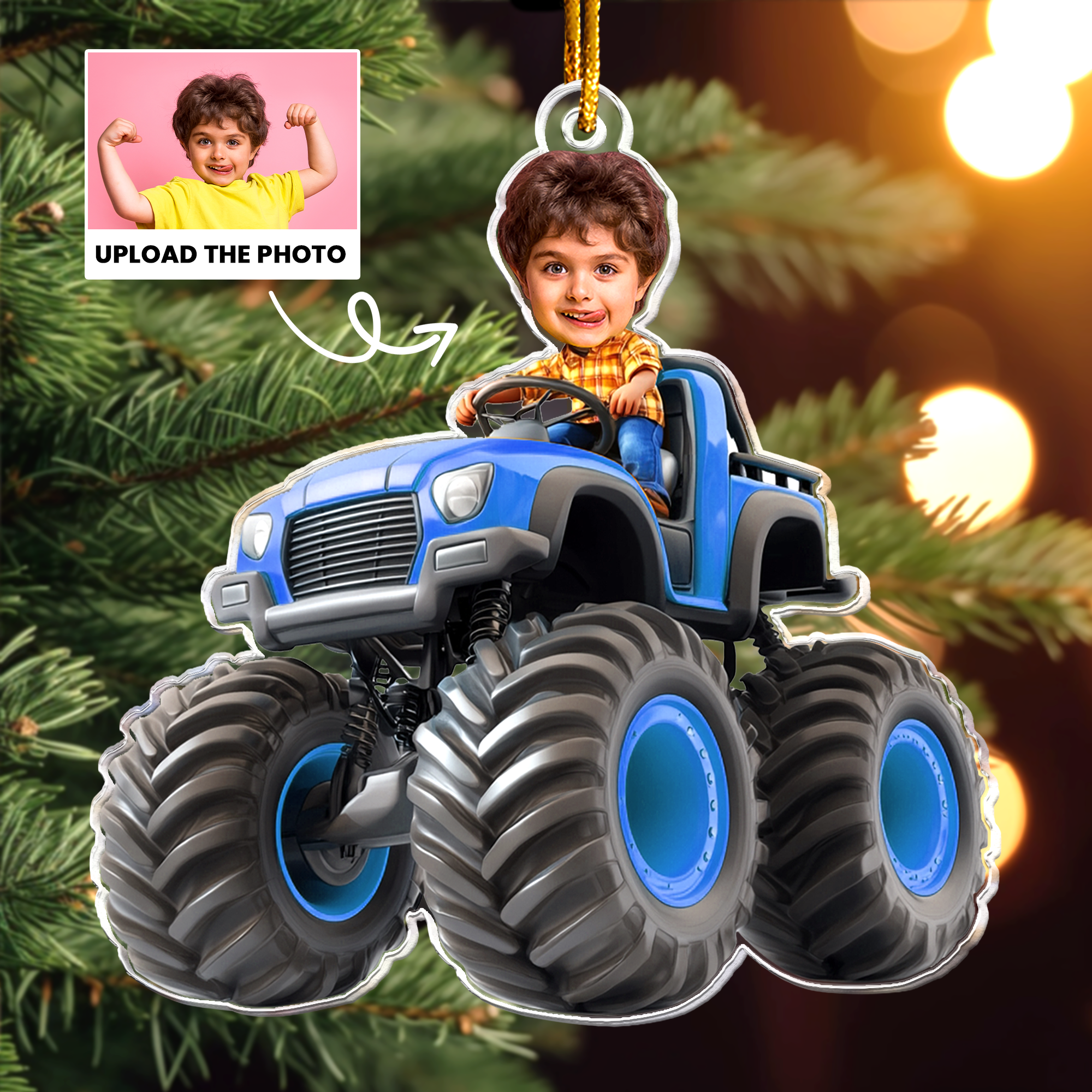 Custom Face Kid Riding Monster Truck - Gifts For Toddler, Kids - Personalized Acrylic Photo Ornament