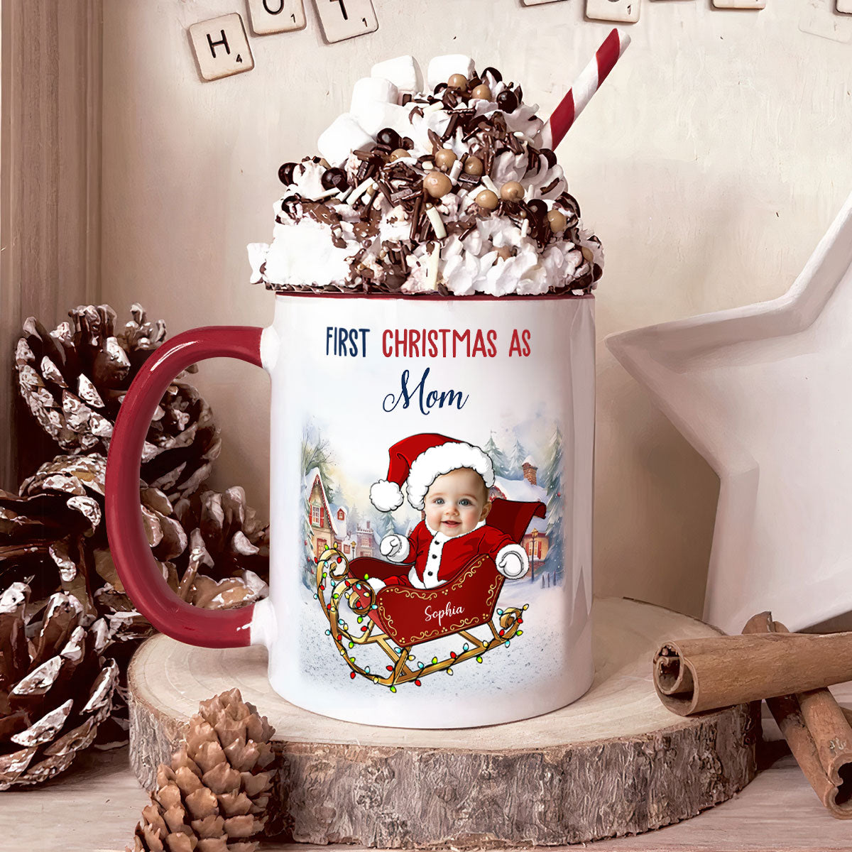 Custom Face On Santa Sleigh With First Christmas As Mom - Personalized Photo Accent Mug