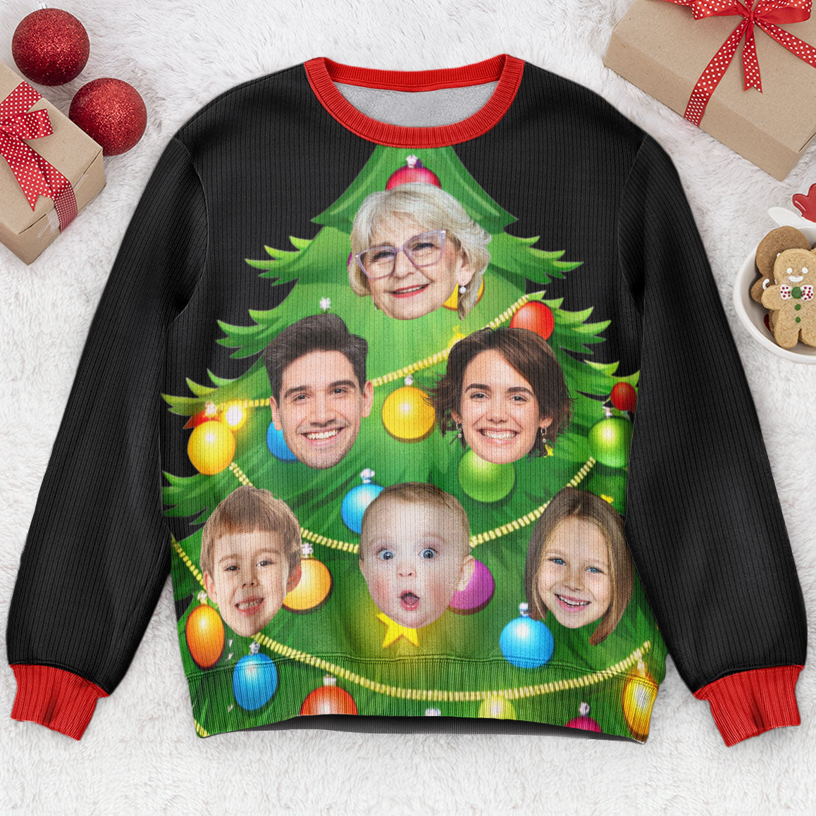 Custom Face Walking Christmas Tree - Personalized Photo Ugly Sweater