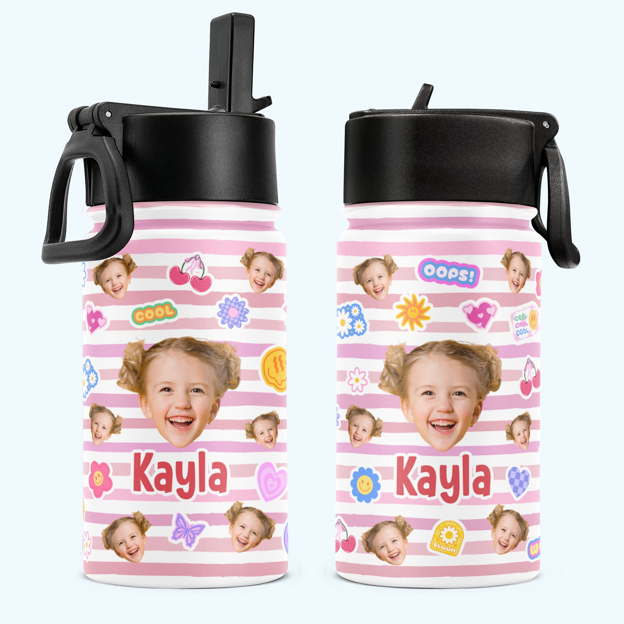 Custom Face With Adorable Pattern - Personalized Photo Kids Water Bottle With Straw Lid