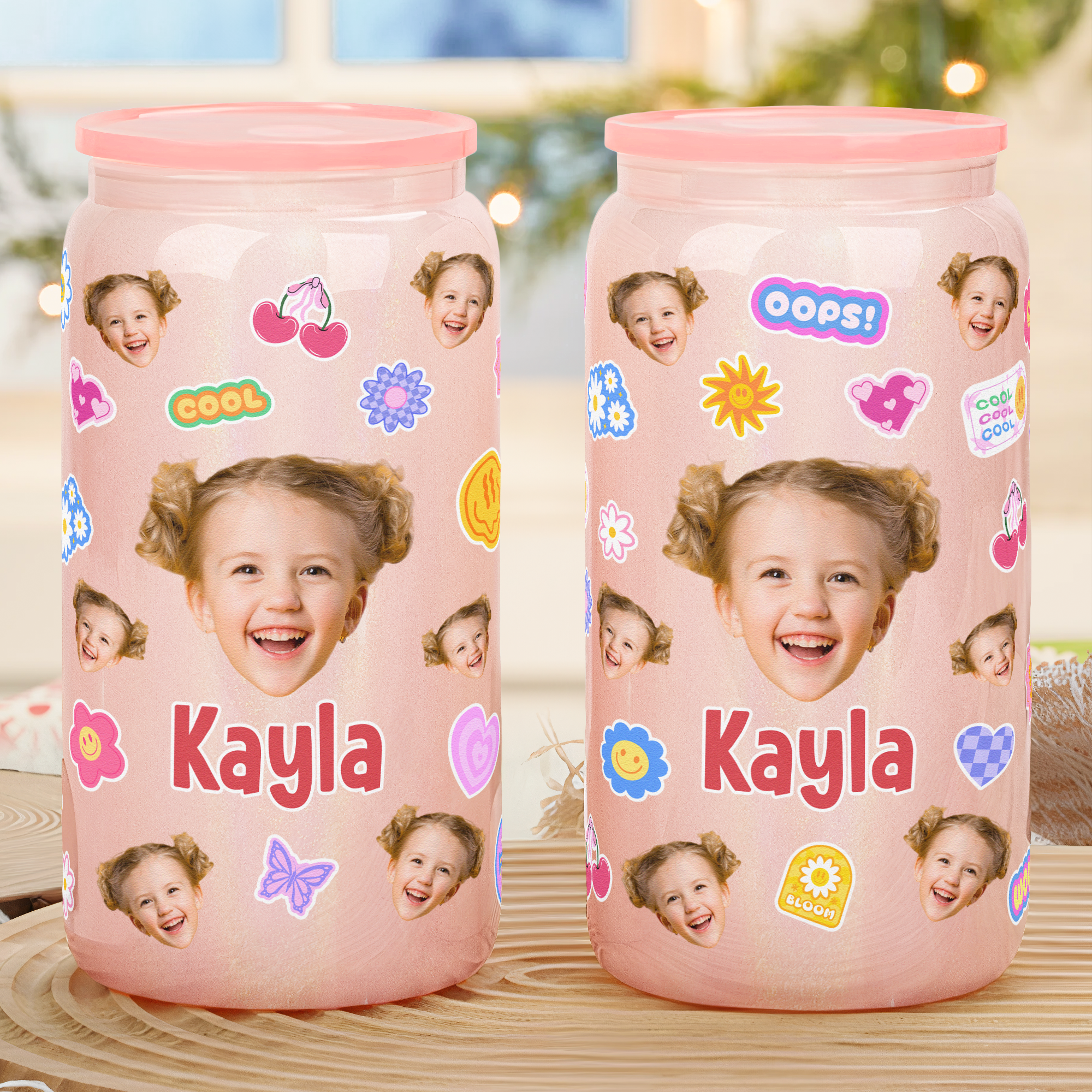 Custom Face With Adorable Pattern - Personalized Photo Shimmer Glass Can