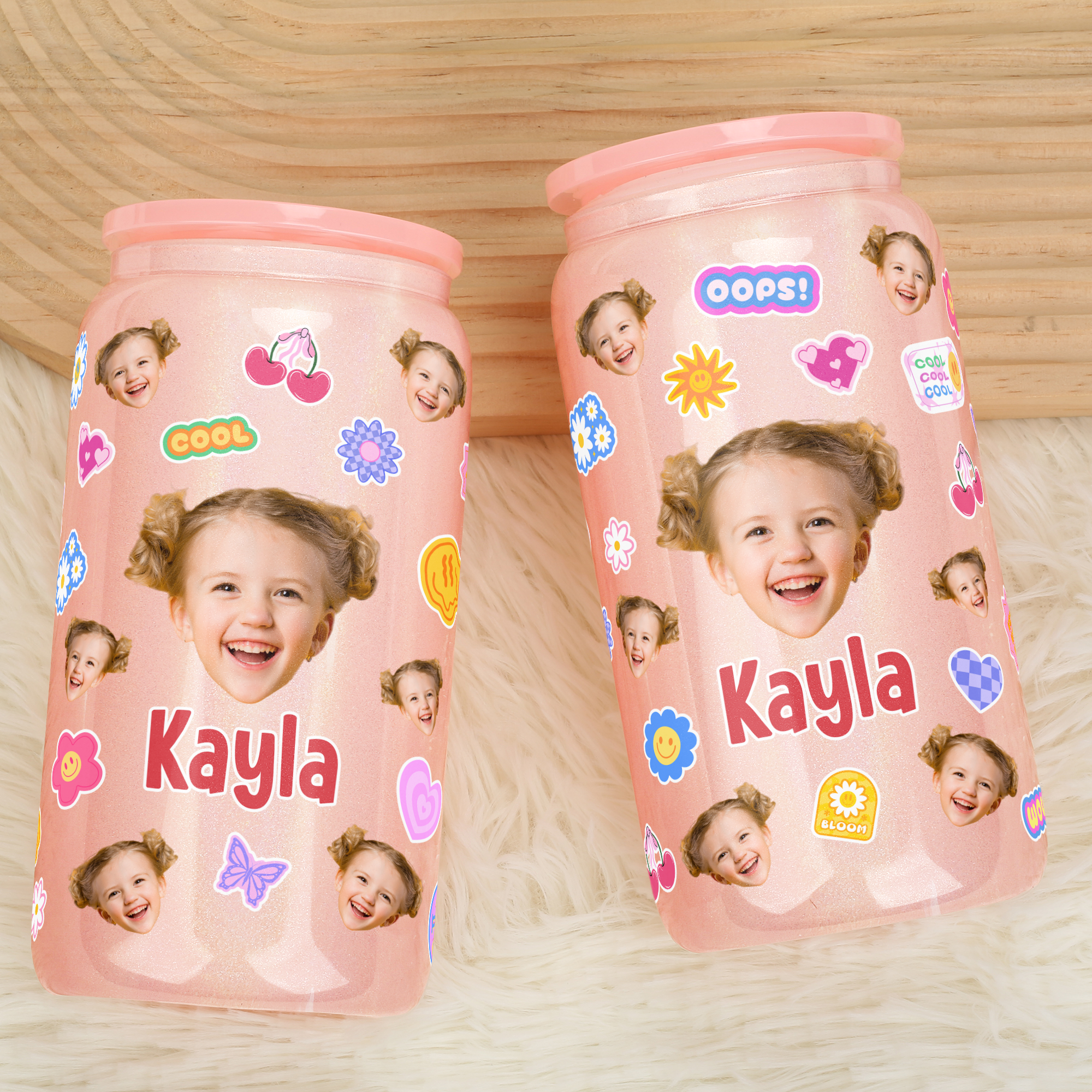 Custom Face With Adorable Pattern - Personalized Photo Shimmer Glass Can