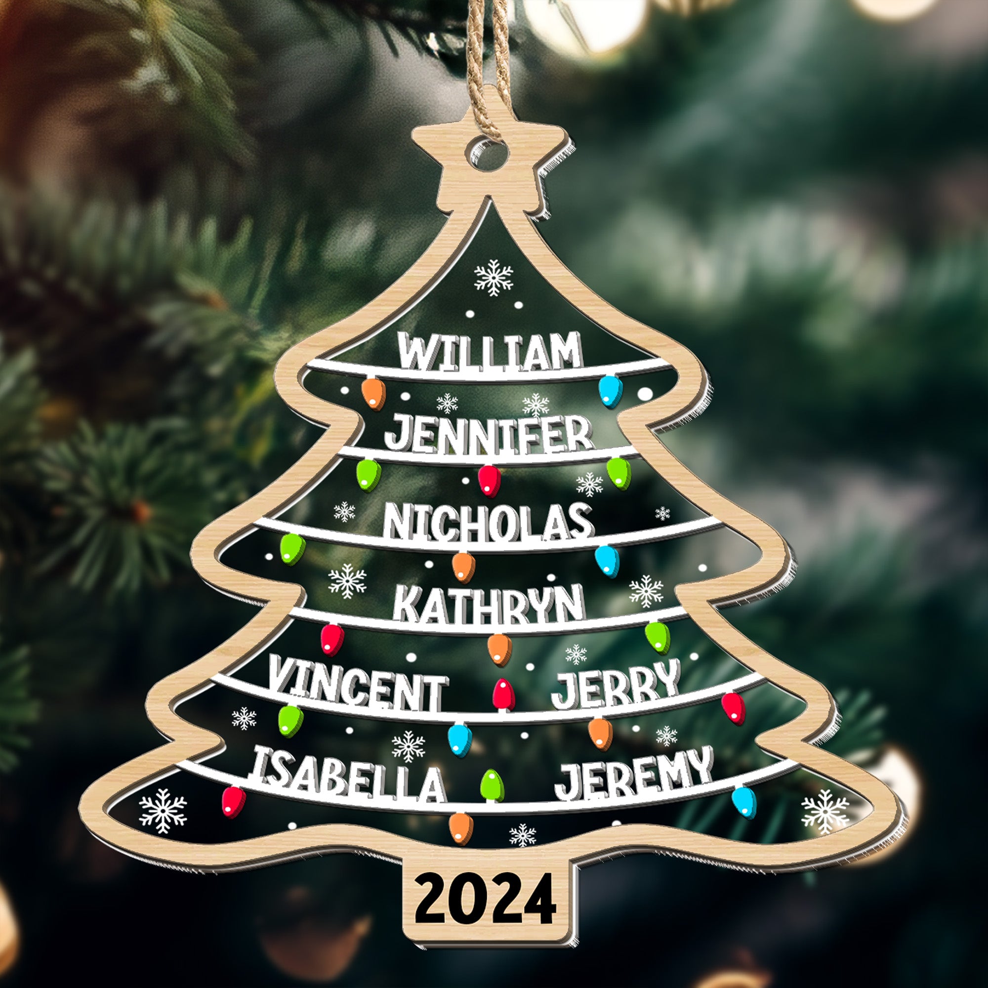 Custom Family Names Christmas Tree - Personalized Wood And Acrylic Ornament