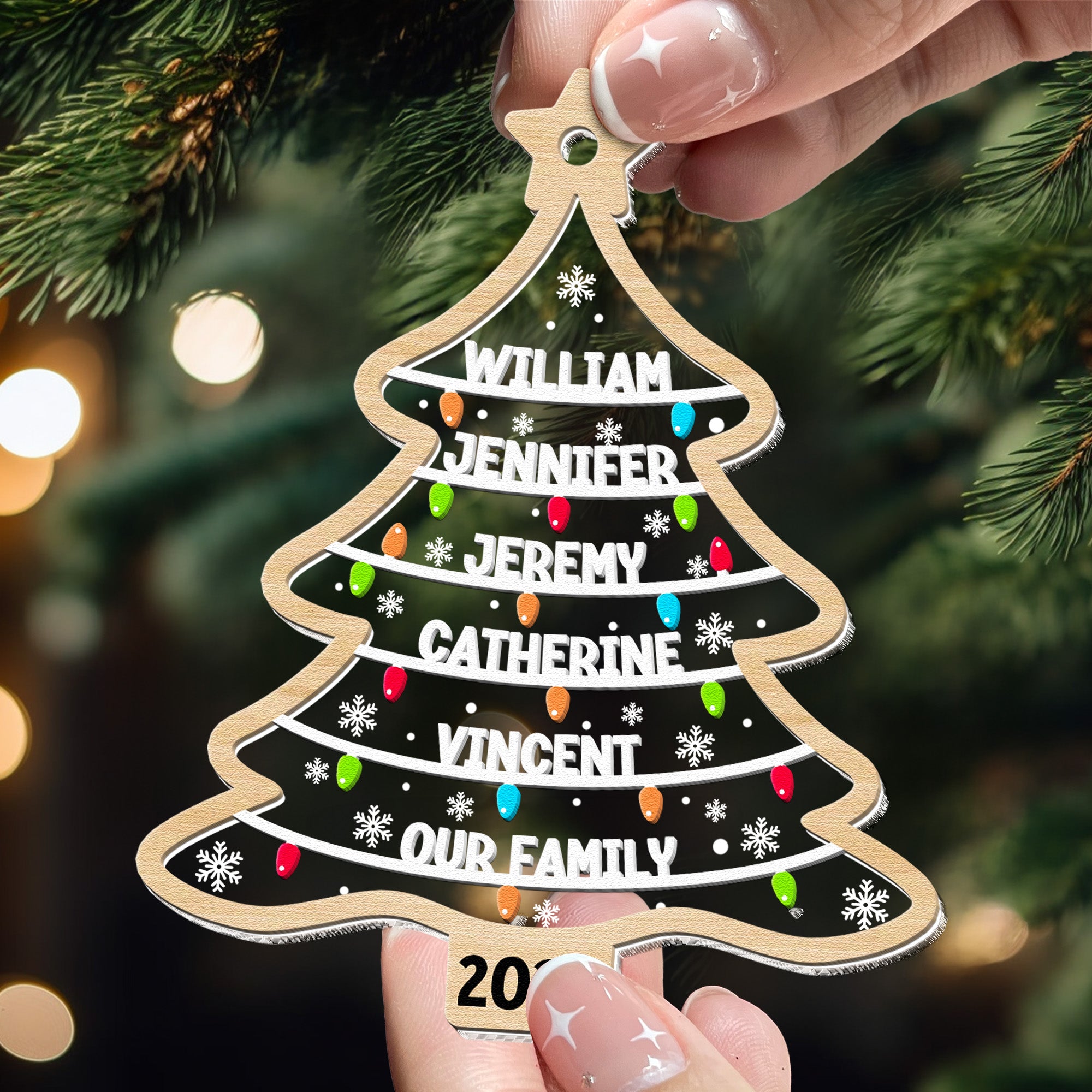 Custom Family Names Christmas Tree - Personalized Wood And Acrylic Ornament