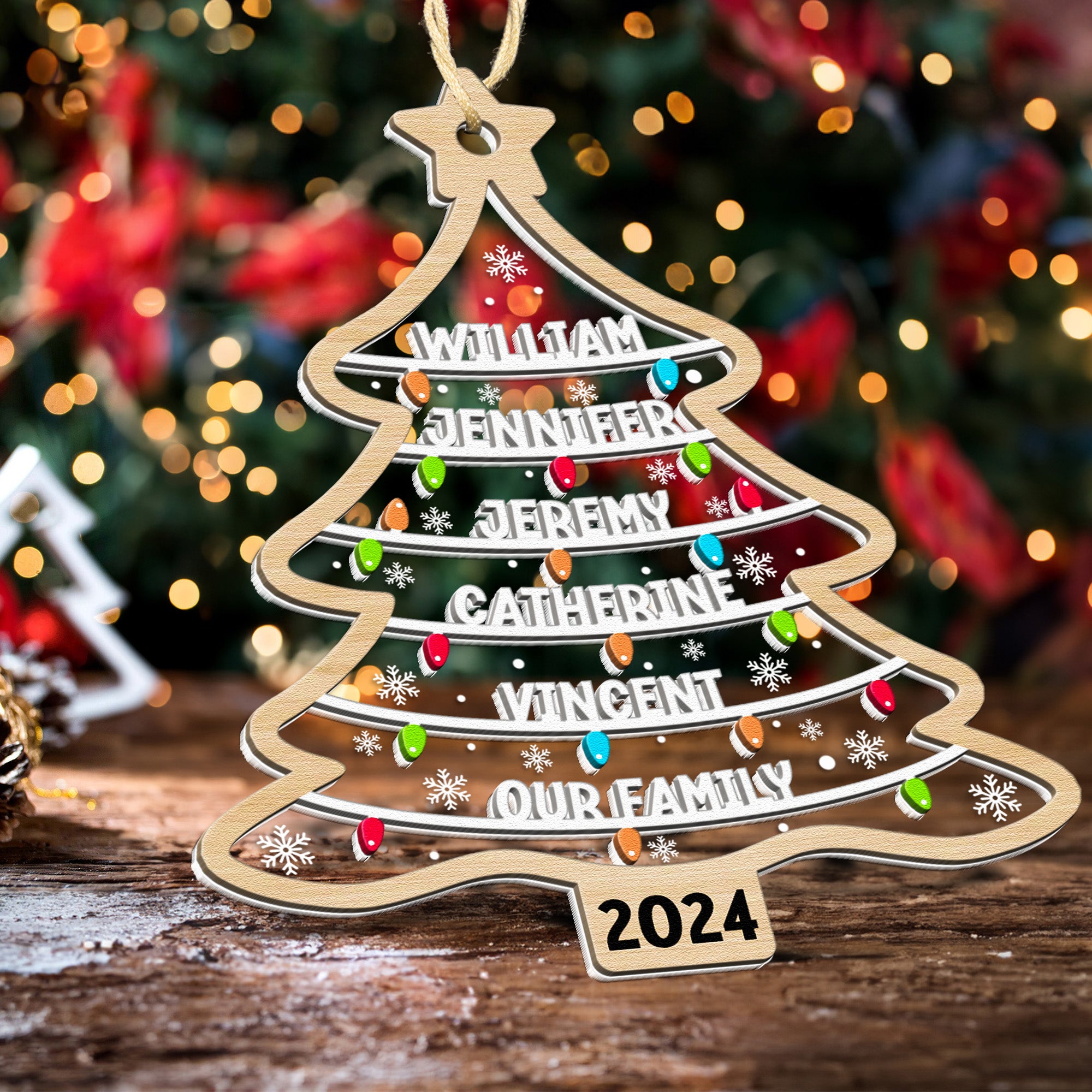 Custom Family Names Christmas Tree - Personalized Wood And Acrylic Ornament