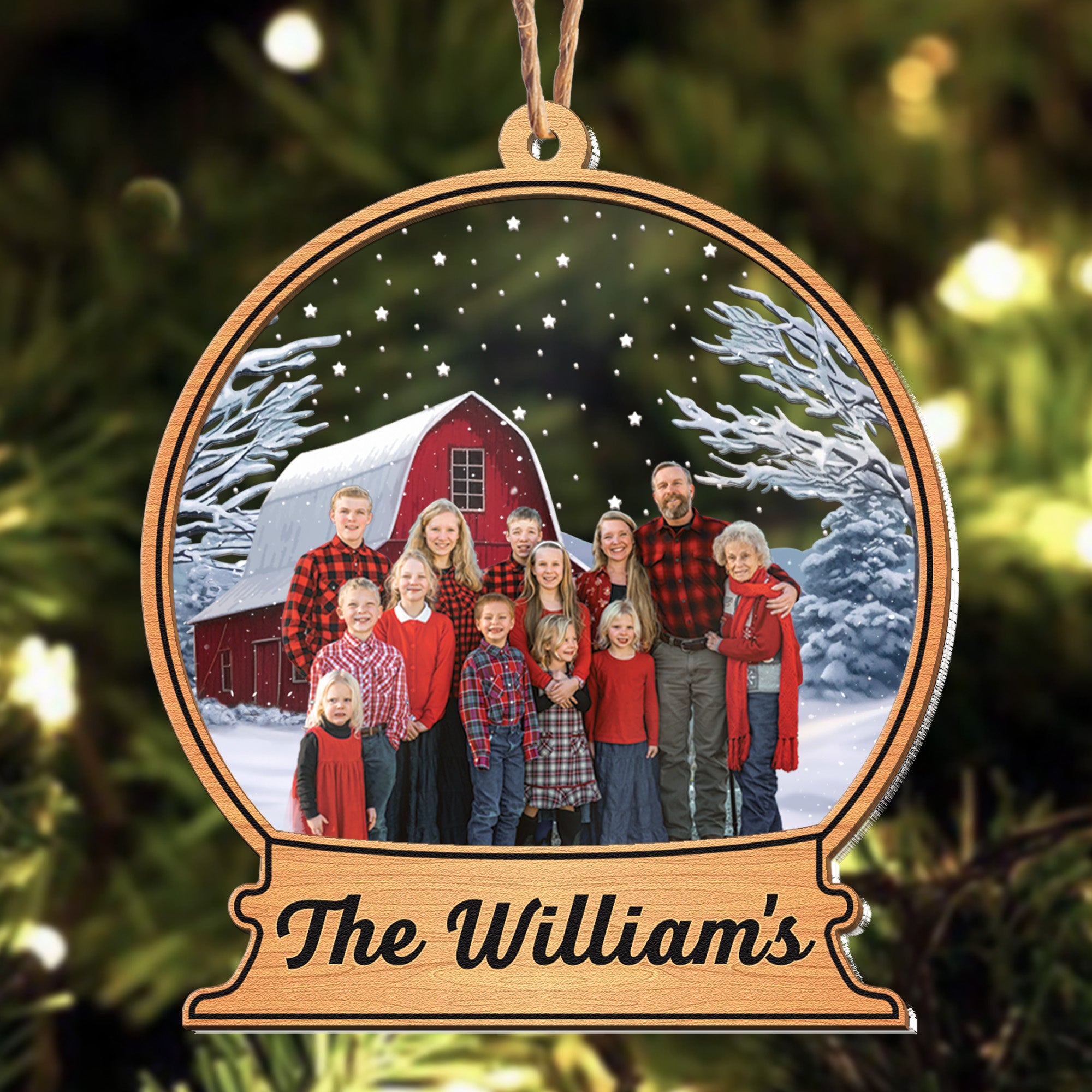 Custom Family Names Farmhouse - Personalized Photo Wood And Acrylic Ornament