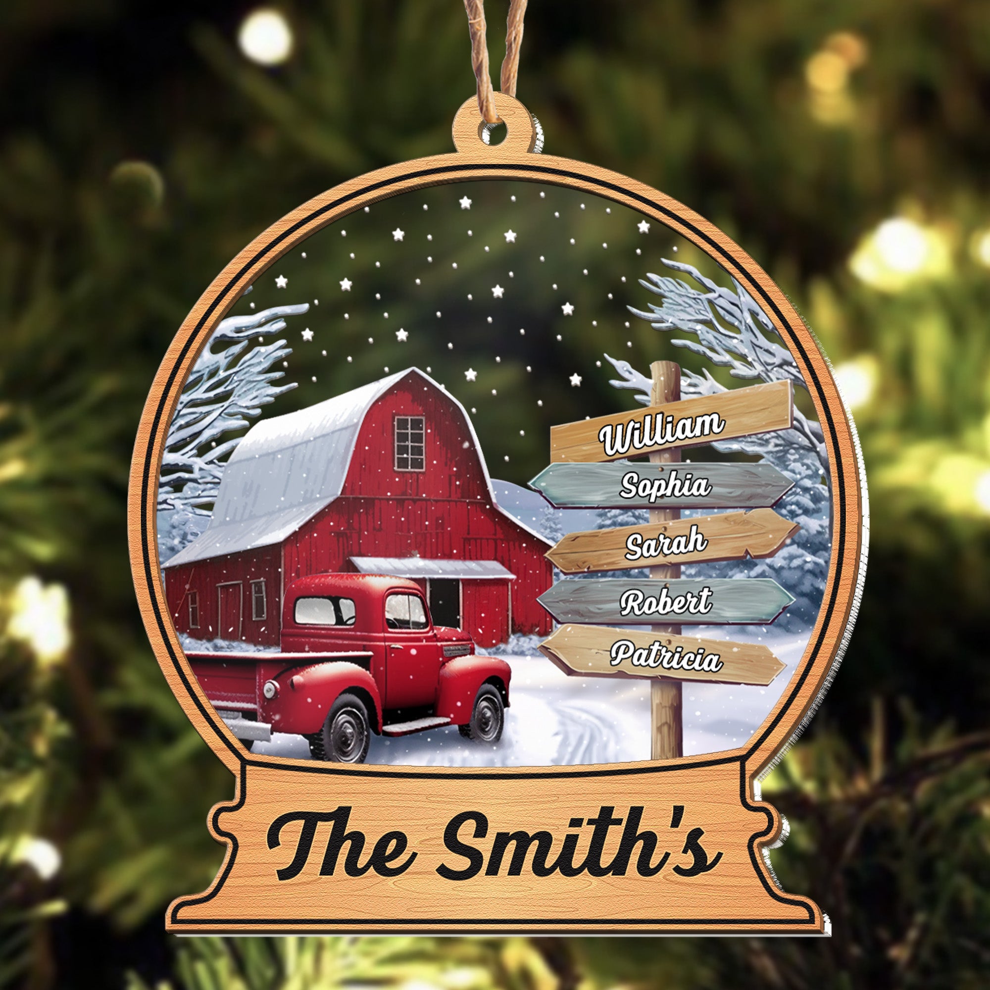 Custom Family Names Farmhouse Christmas - Personalized Wood And Acrylic Ornament With Bow