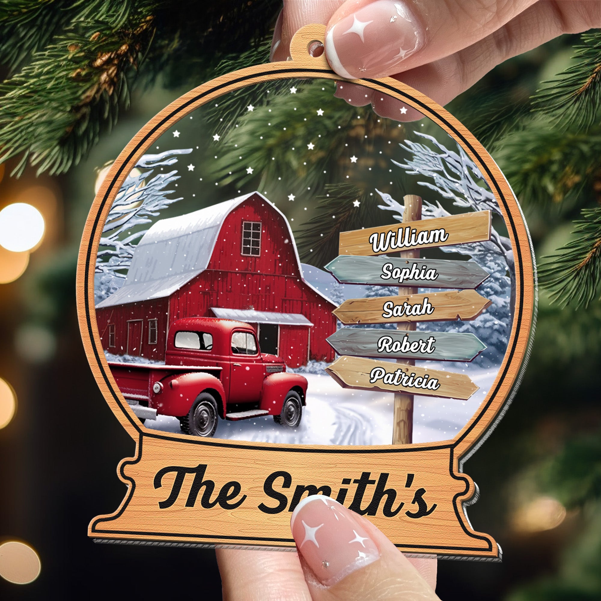 Custom Family Names Farmhouse Christmas - Personalized Wood And Acrylic Ornament With Bow