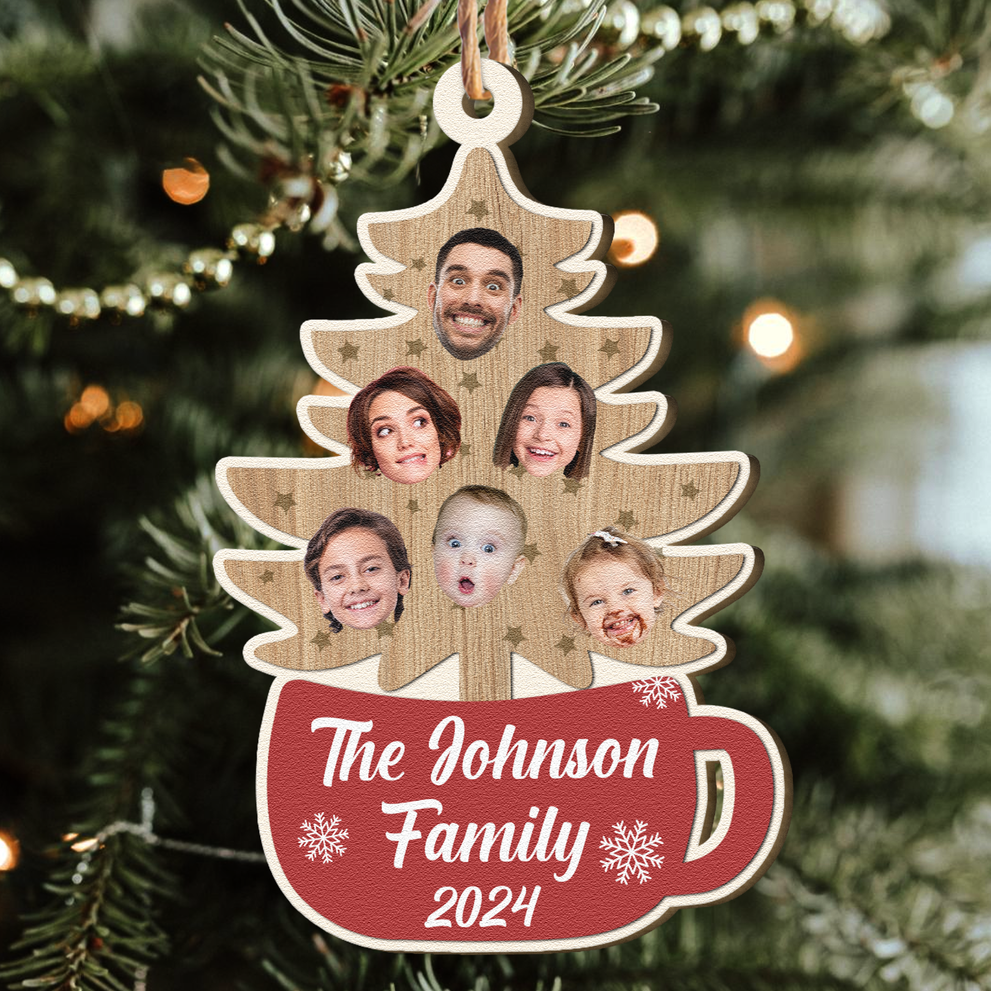 Custom Family Photo With Christmas Tree - Personalized Wooden Photo Ornament