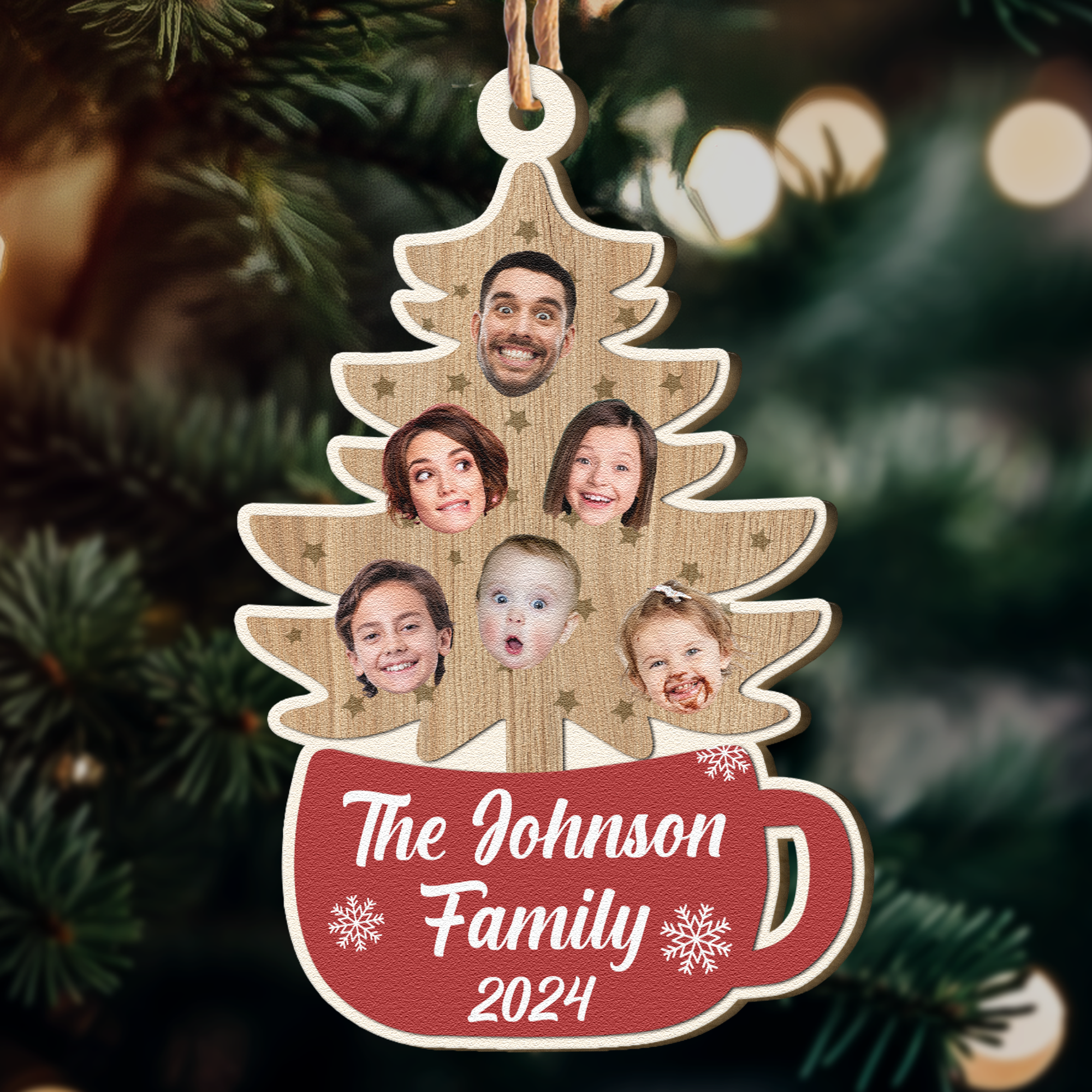 Custom Family Photo With Christmas Tree - Personalized Wooden Photo Ornament