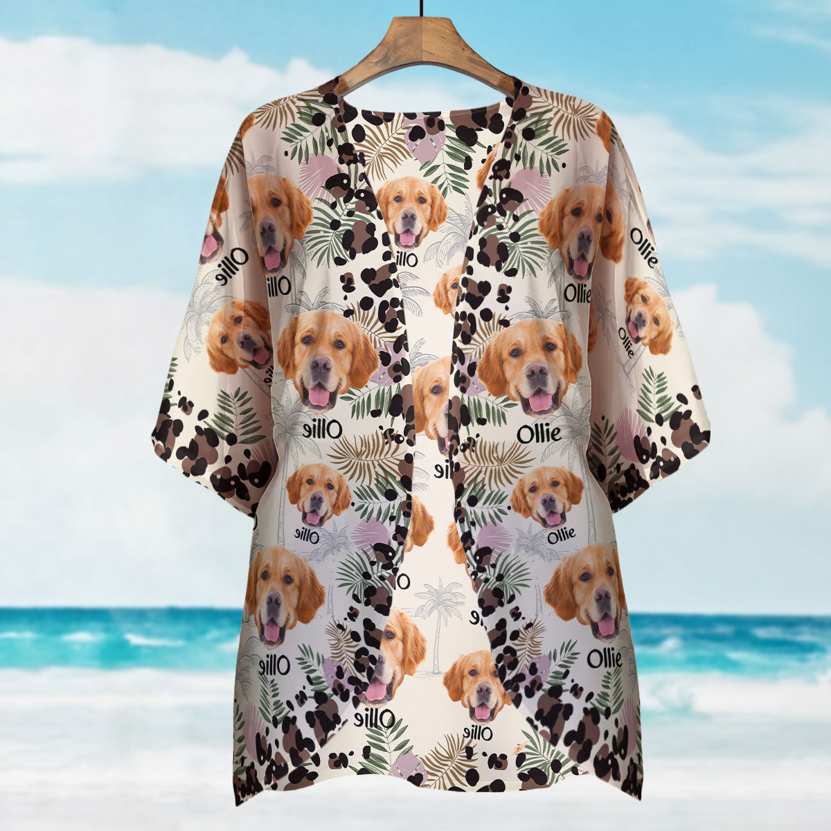 Custom Funny Dog Face With Leopard Pattern - Personalized Photo Kimono Cover Up